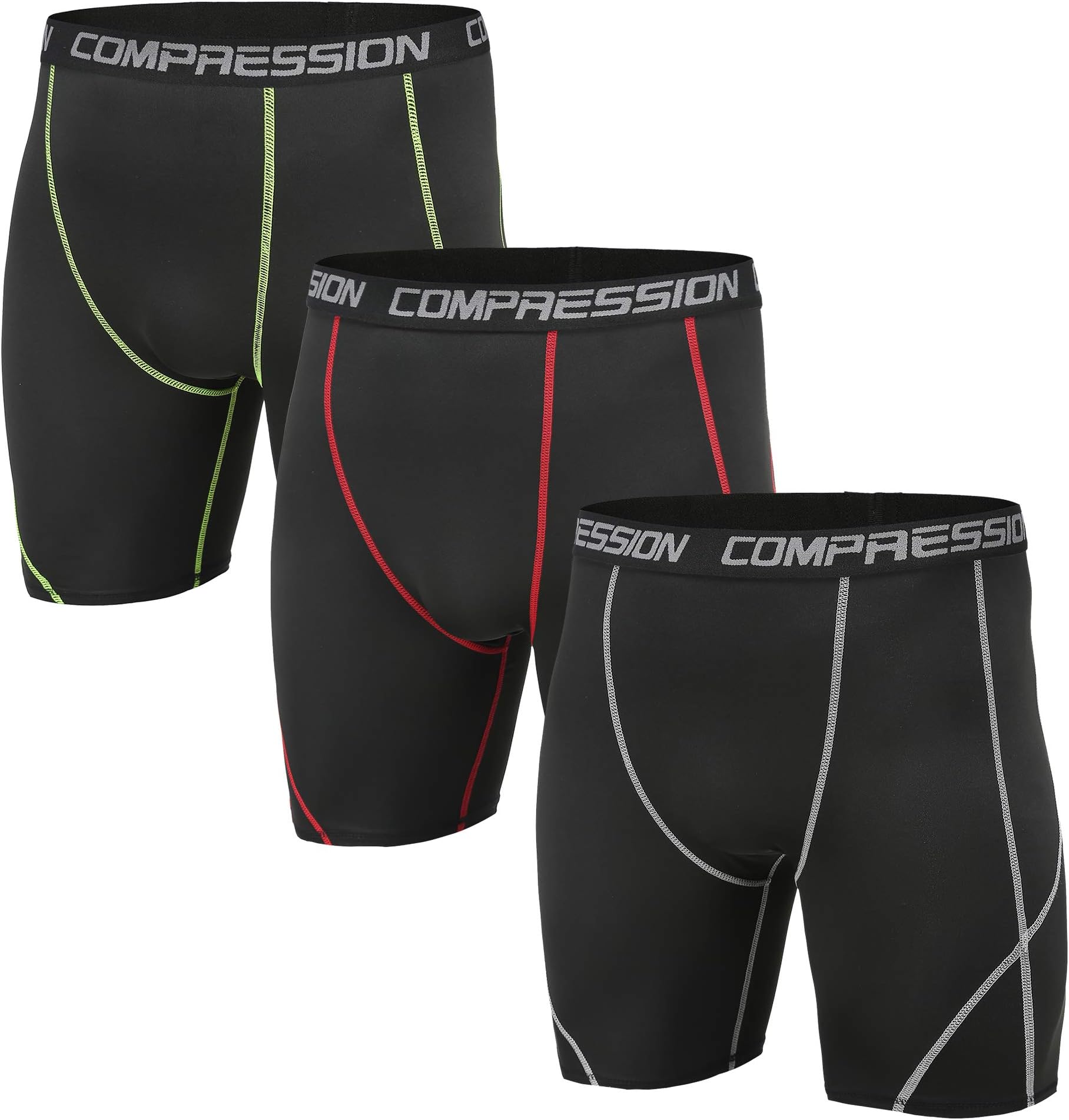 Holure Men's 3 Pack Sport Compression Shorts Mens Yoga Shorts Workout Running,Green,red,White,line02,2XL