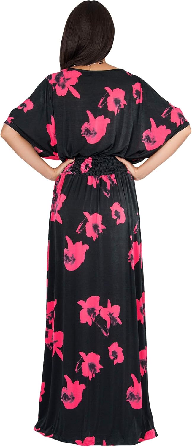 KOH KOH Womens Long Short Sleeve Printed Summer Sexy Casual Sundress Maxi Dress - Image 2
