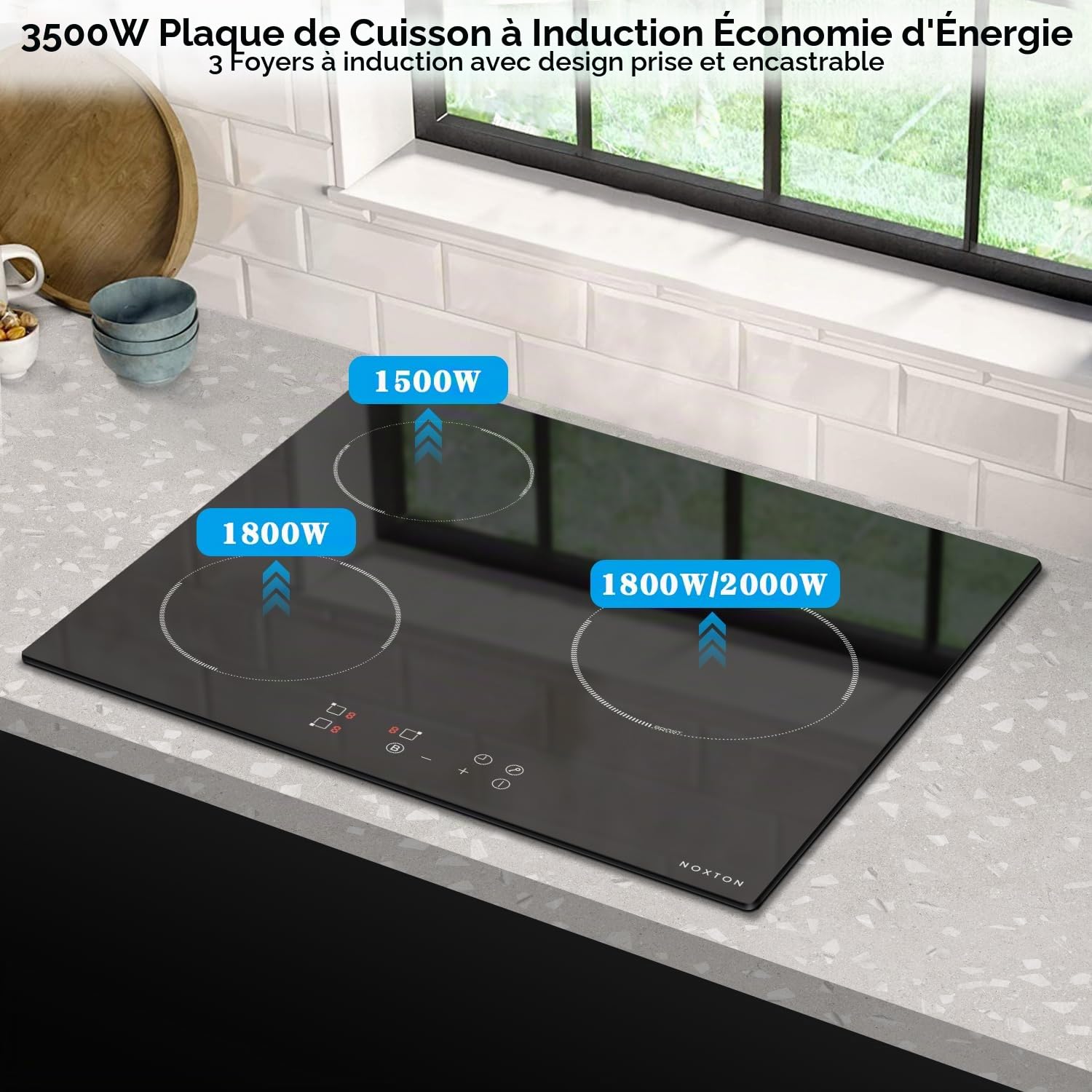 3-Ring Induction Hob with Socket, Built-In Electric Cooking Plate, 60CM Induction Cooktop, 6400W Induction Plate with 9 Power Levels, Child Safety, Timer | Booster, Child Safety, Timer, 9 Power Levels, Built-in, 60 cm, 3500 W