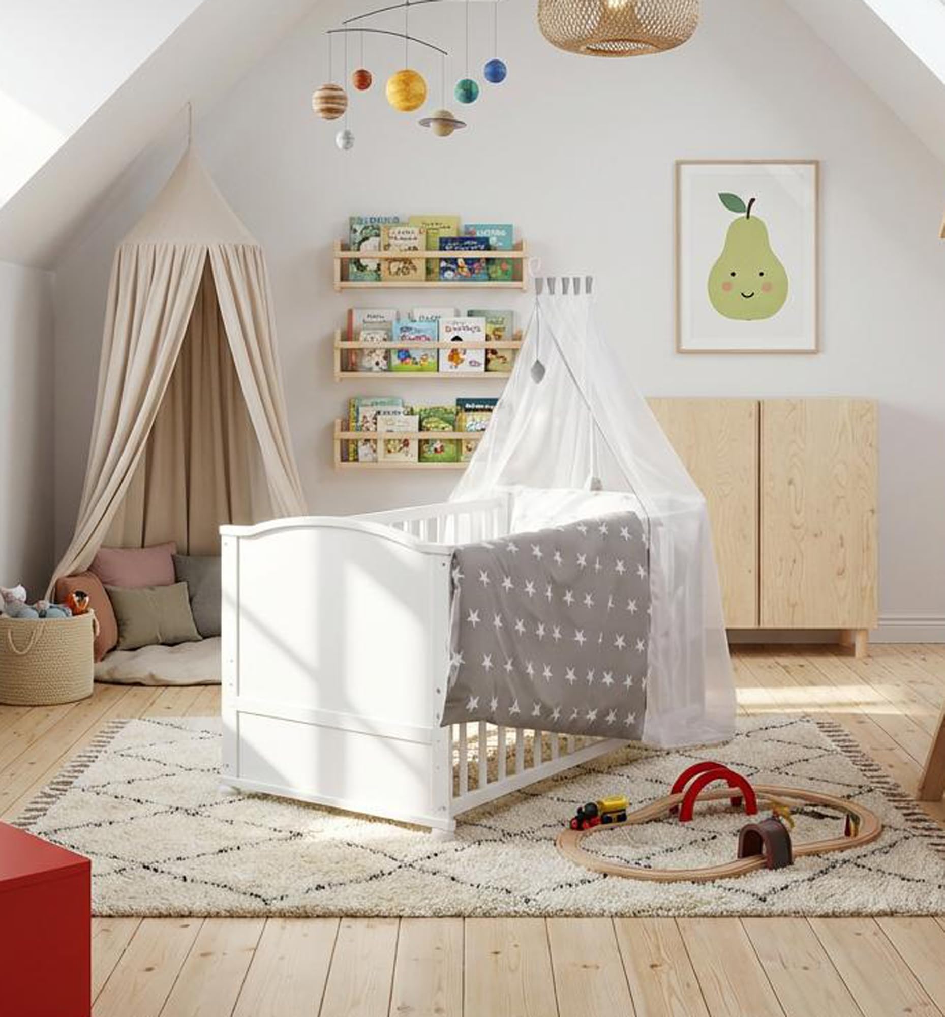 roba Lettino Completo di Set Biancheria Little Stars, 70 x 140 cm, Letto per Bambini con Federa, Copripiumino, Materasso, Baldacchino, Legno Bianco