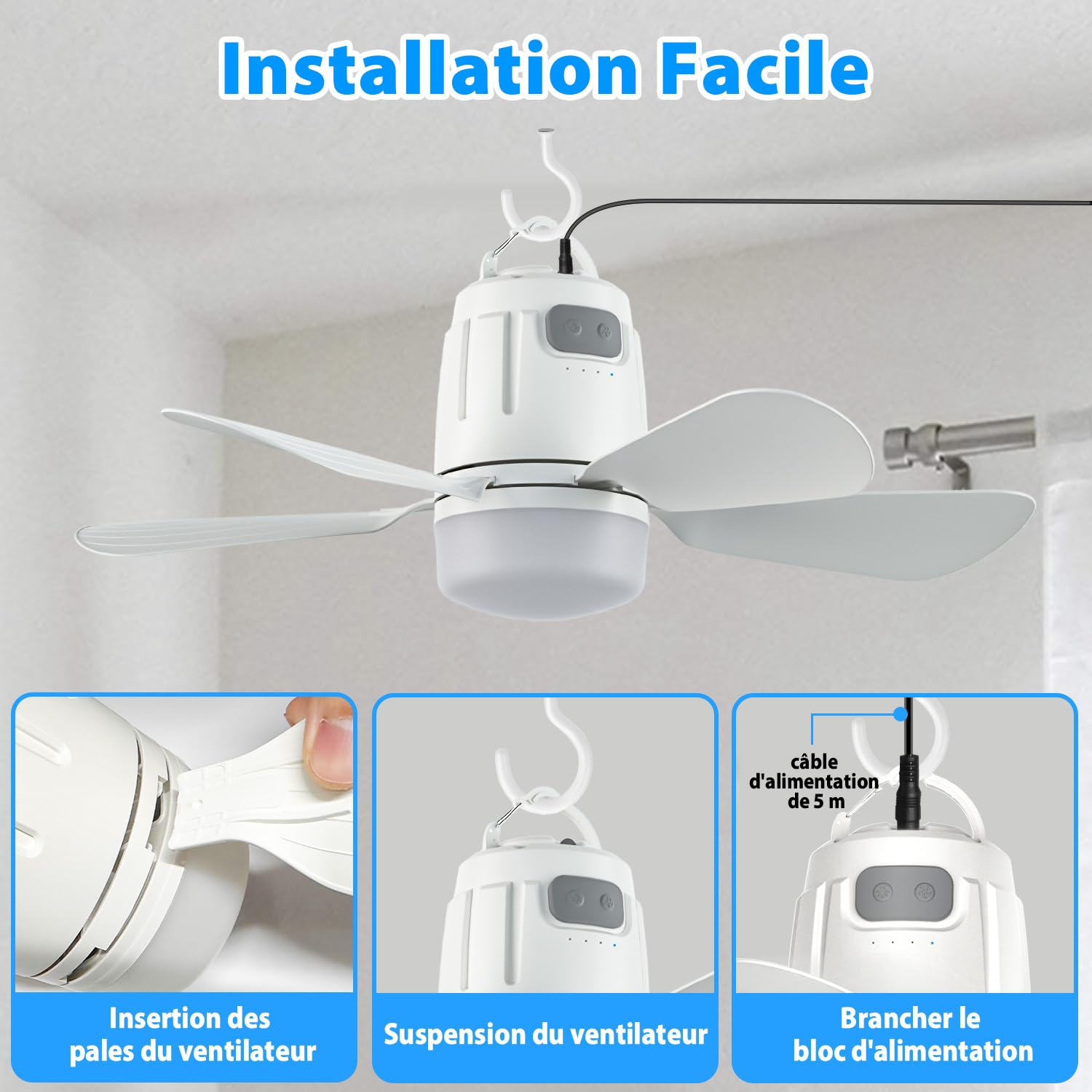 Gliztech Ventilateur Plafond 50cm Avec Lumiere Prise 5m Télécommande Silencieux