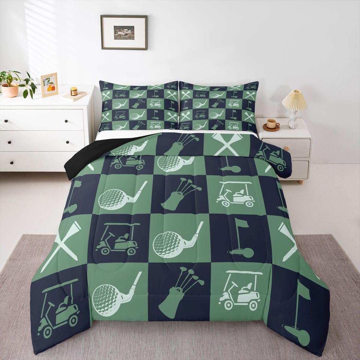 Feelyou Golf Comforter Set Full Size Navy Blue Green Plaid Buffalo Check Geometric Bedding Set for Kids Boys Girls Sports Theme Duvet Quilt Bedroom Decor Microfiber 3 Pcs with 2 Pillow Cases
