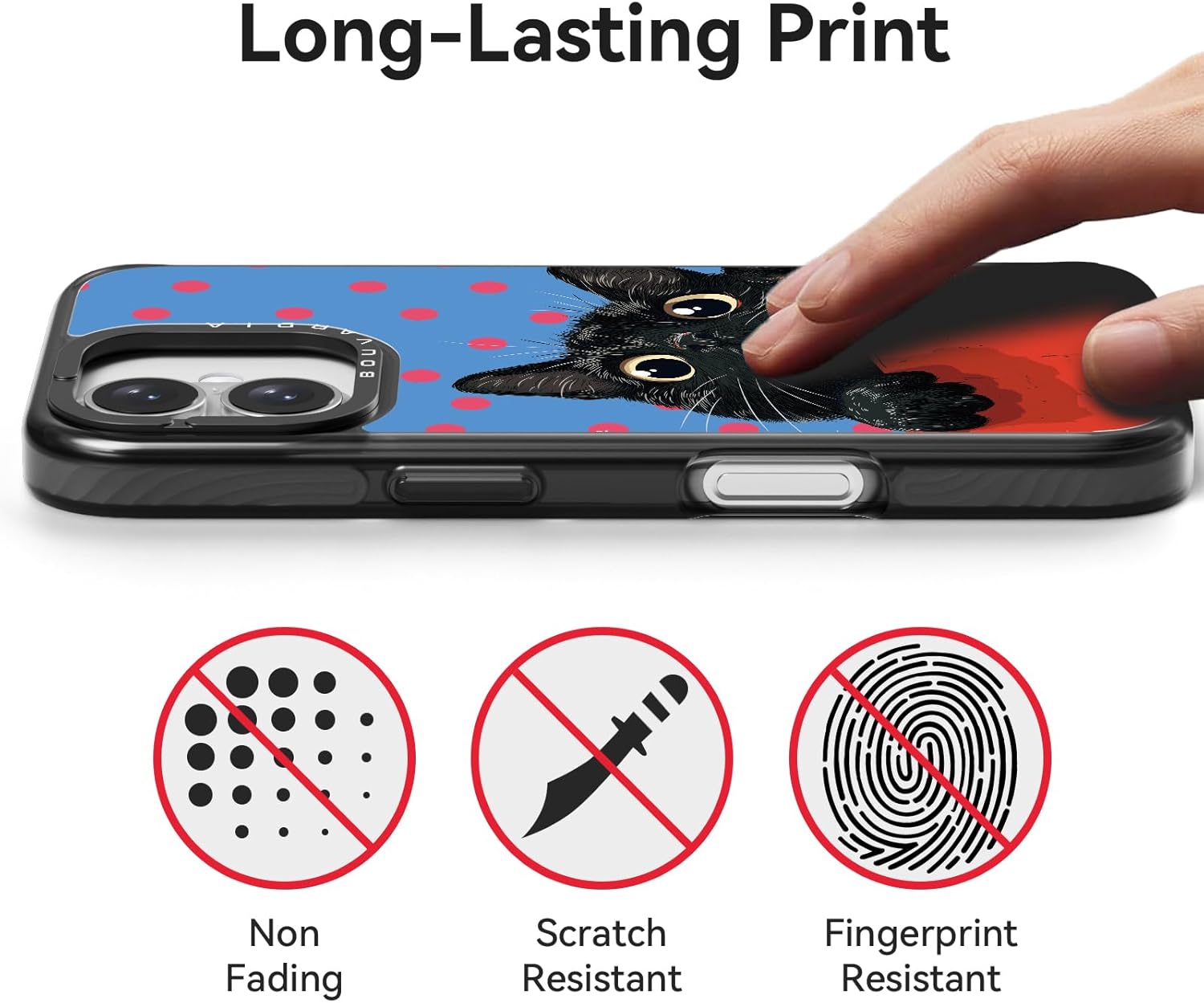 Bouvardia for iPhone 16 Case, Cute Design for Women & Girls, Protective & Aesthetic, Gray Bumper - Cat & Polka Dots - Image 4