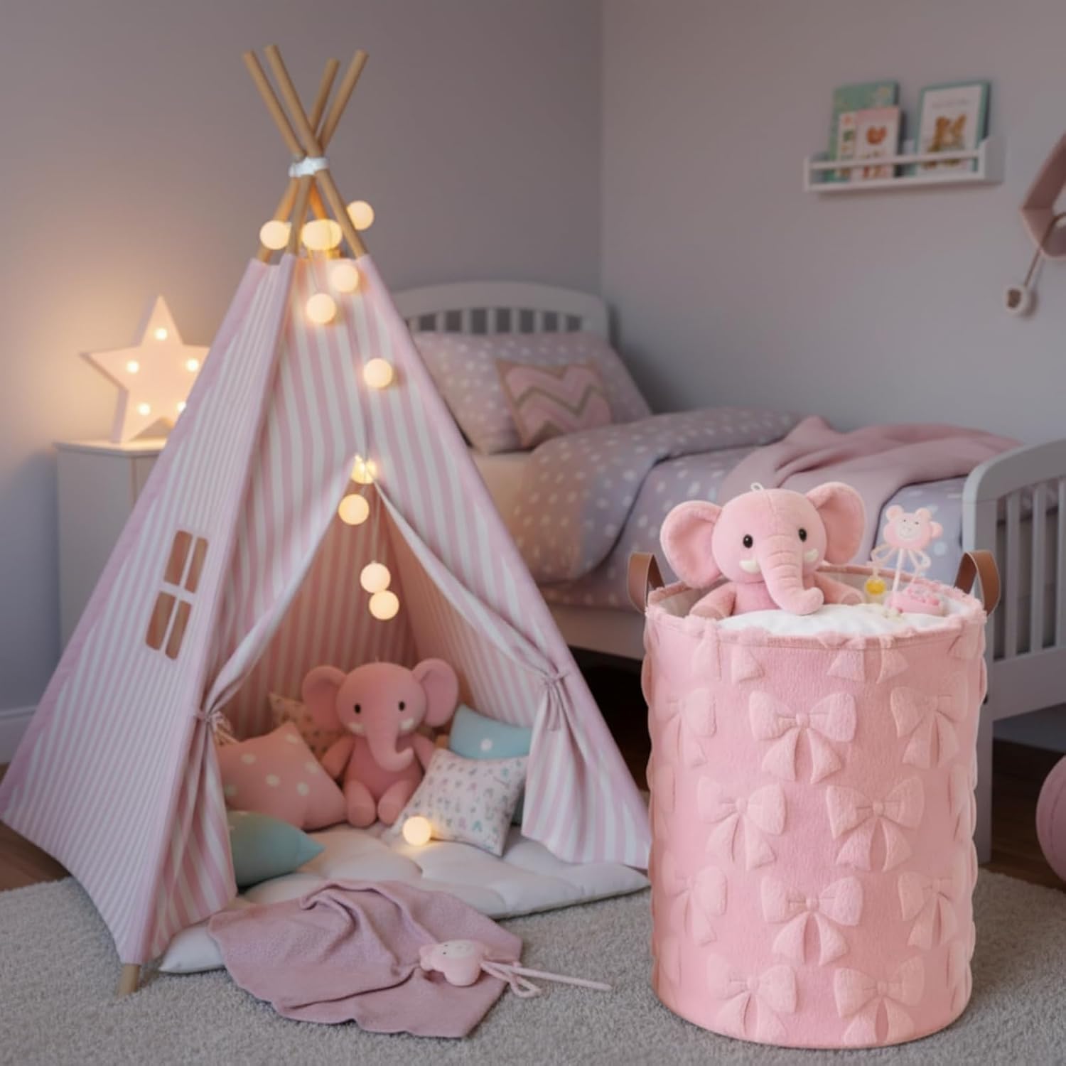 2 Pcs Pink Bow Laundry Hamper Girls Room Decor Coquette Pink Bow Plush Faux Fur Basket Kids Large Storage Basket Collapsible Organize Bins for Gifts Toys Blanket Clothes Nursery Bedroom - Image 4