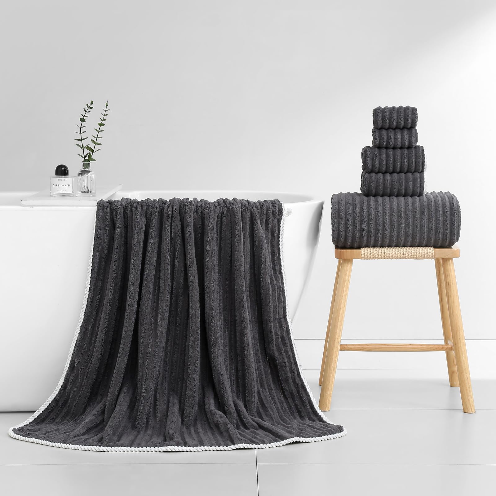 Toallas de baño de 40 x 80 pulgadas para adultos, toallas de baño extragrandes de microfibra de lujo para baño, súper suaves, absorbentes, de secado rápido con lazo para colgar (gris carbón, 6