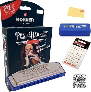 Hohner M21BX PentaHarp Harmonica - Key of E Bundle with Carrying Case, Key Stickers, Harmonica Beginner Manual, and Austin Bazaar Polishing Cloth