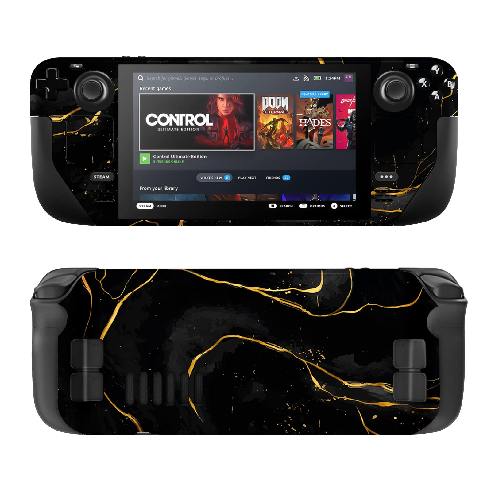 DLseego Protective Sticker for The Steam Deck, Scratch Resistant, Custom PVC Skin for The Valve Steam Deck and Full Set Protective Skin Decal- Black and gold striped