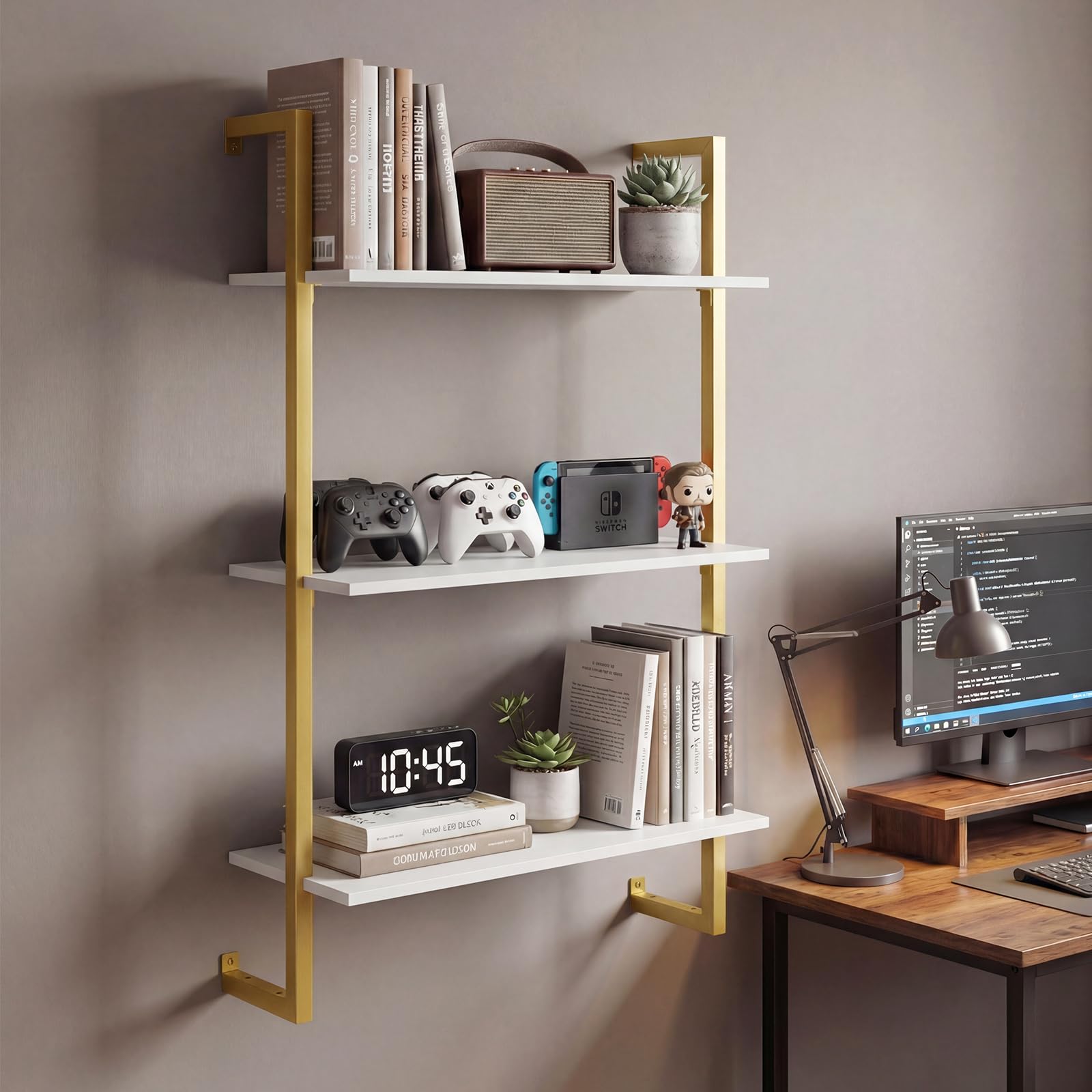 COSTWAY 3 stufiges Wandregal, Küchenregal mit Metallrahmen Lagerregal, schwebendes Bücherregal, Holzregal Schweberegal Hängeregal für Wohnzimmer, Büro & Küche, 53 x 23 x 90 cm (Weiß)