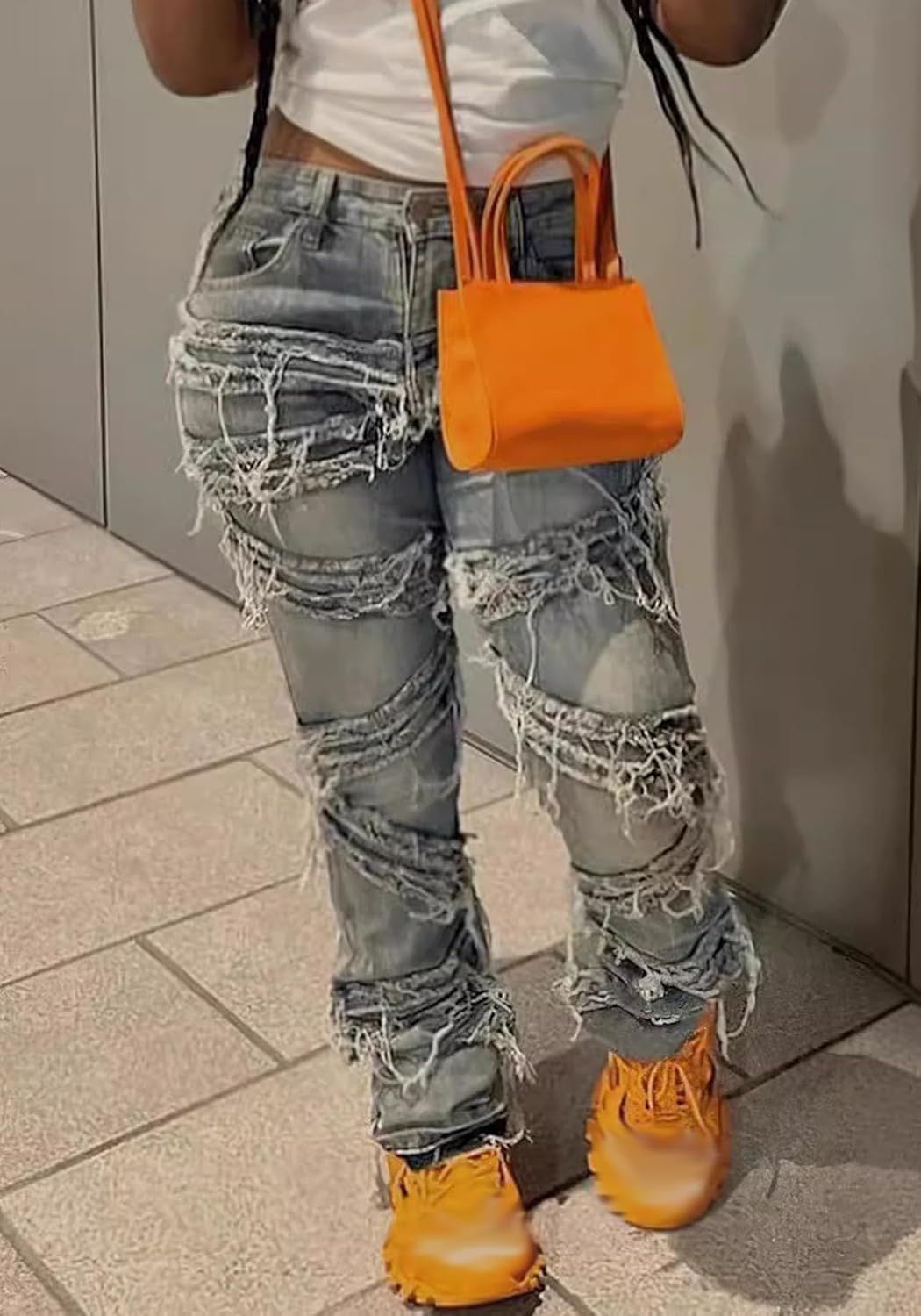 Women's Y2K Fashion Jeans Distressed Frayed Belt Trim Novelty Denim Pants