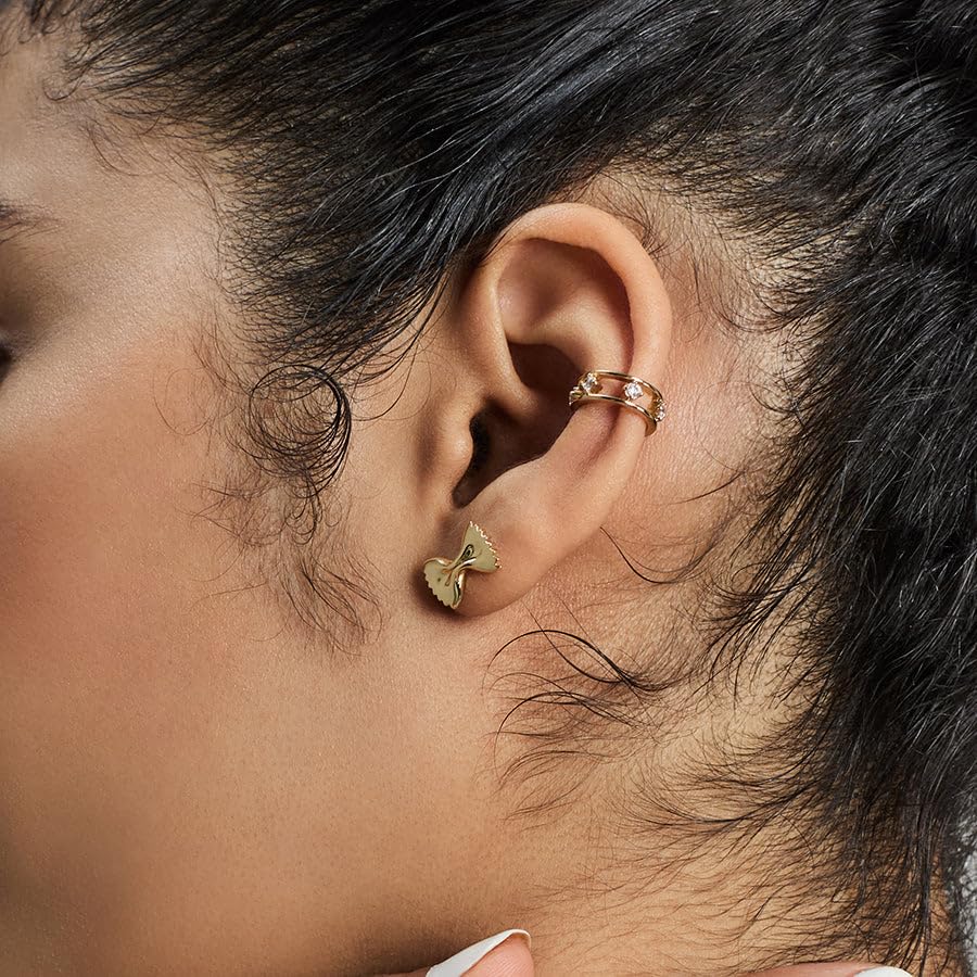 Wanderlust + Co Bow Tie Pasta Stud Earrings 14K Gold/Rhodium Plated Hypoallergenic Jewelry Shower-safe2