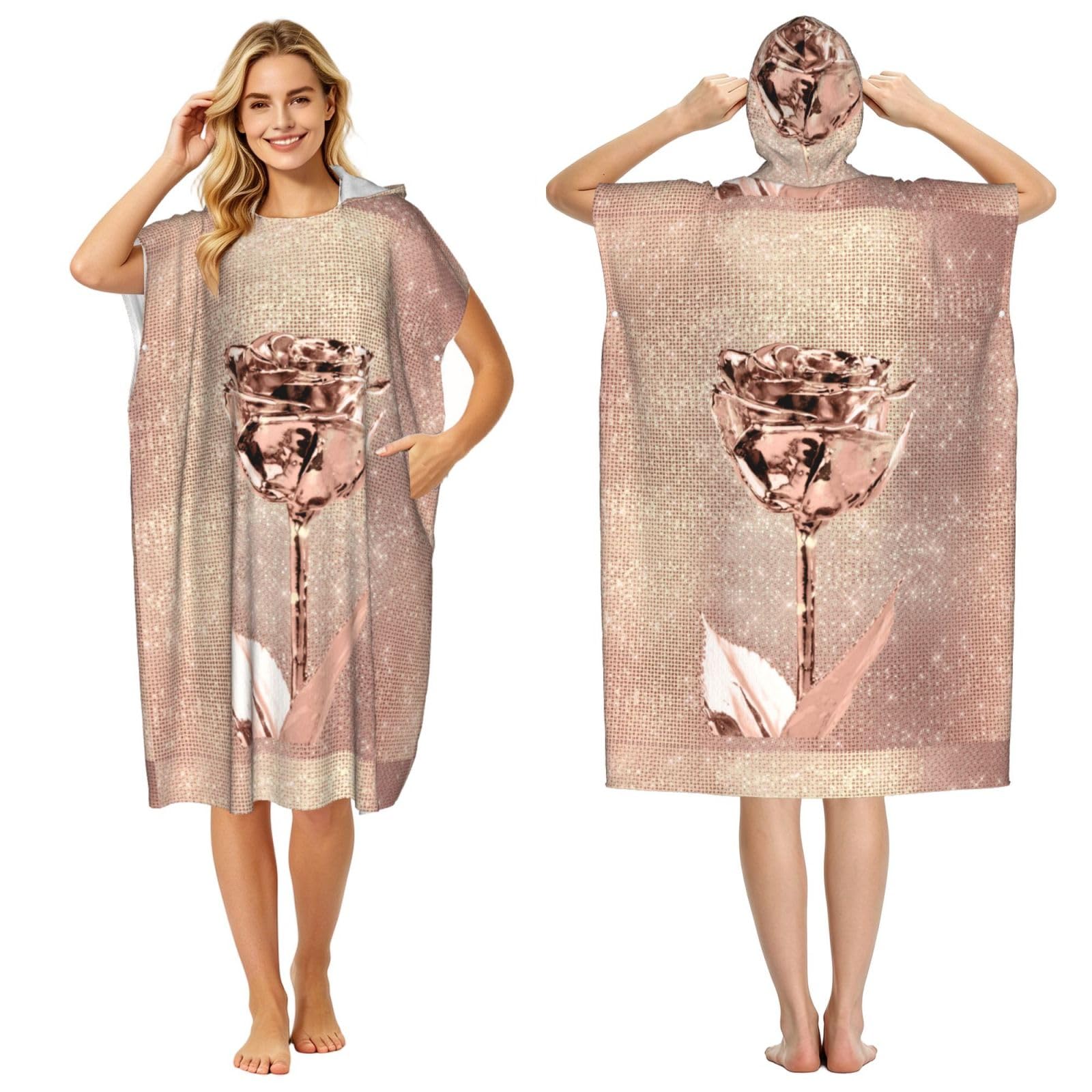 Poadnly Pink Rose Flower Gold Copper Sequin Sparkly, Adult Hooded Beach Towel 90 x 110 cm,Changing Bath Robe, Surf Poncho Towel For Women Men