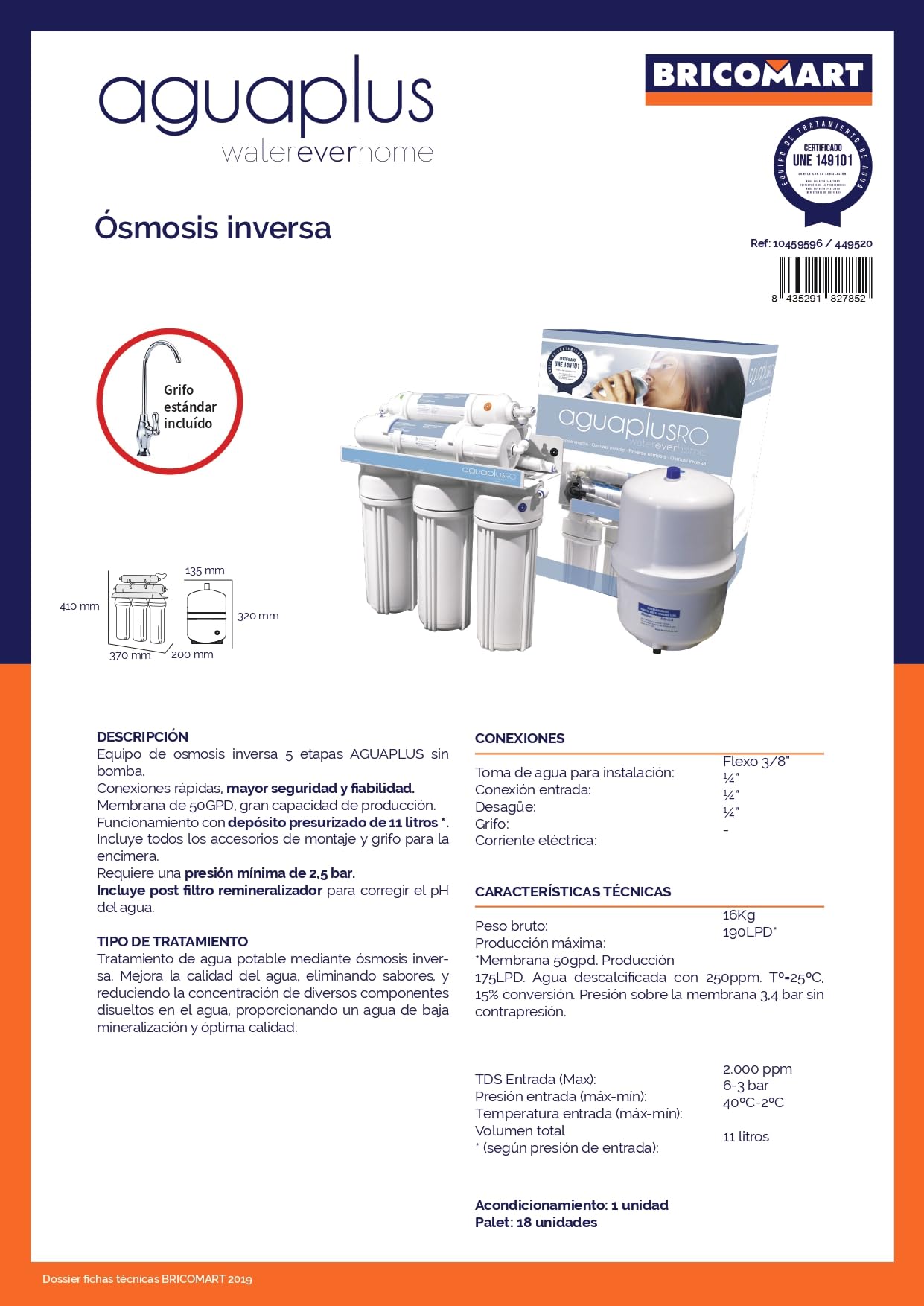 Suinga Equipo Osmosis Inversa 5 Etapas Sin Bomba | Conexion Rosca Macho 1/4" | Presion Minima 2,5 Bar | Agua Purificada y Segura | Elimina Sabores | Proporciona Agua de Baja Minerilacion