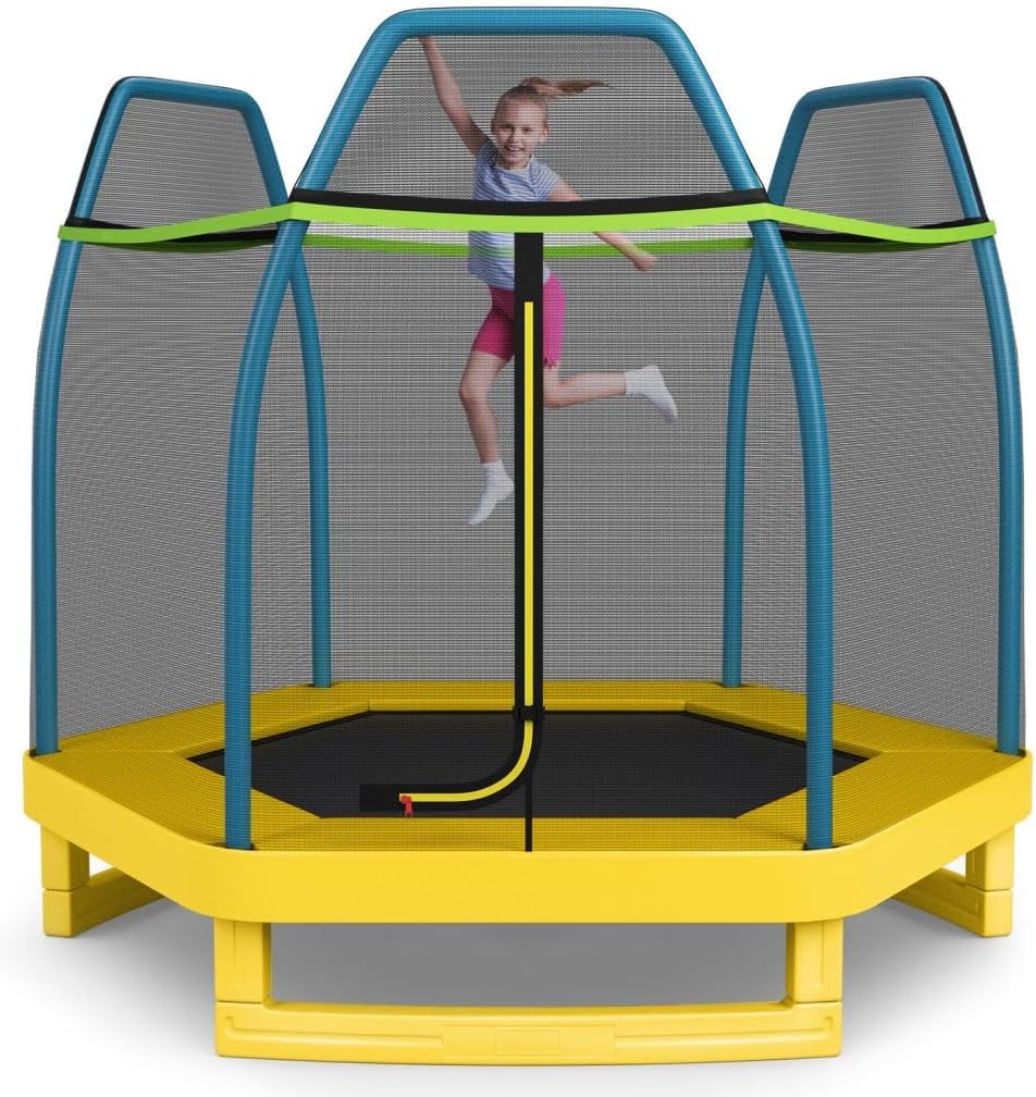 SPOTRAVEL 7FT Kids Trampoline, Recreational Jumping Trampoline with Safety Enclosure Net, Seamless Spring Pad &Zipper, Indoor Outdoor Mini Trampoline for Toddler Children