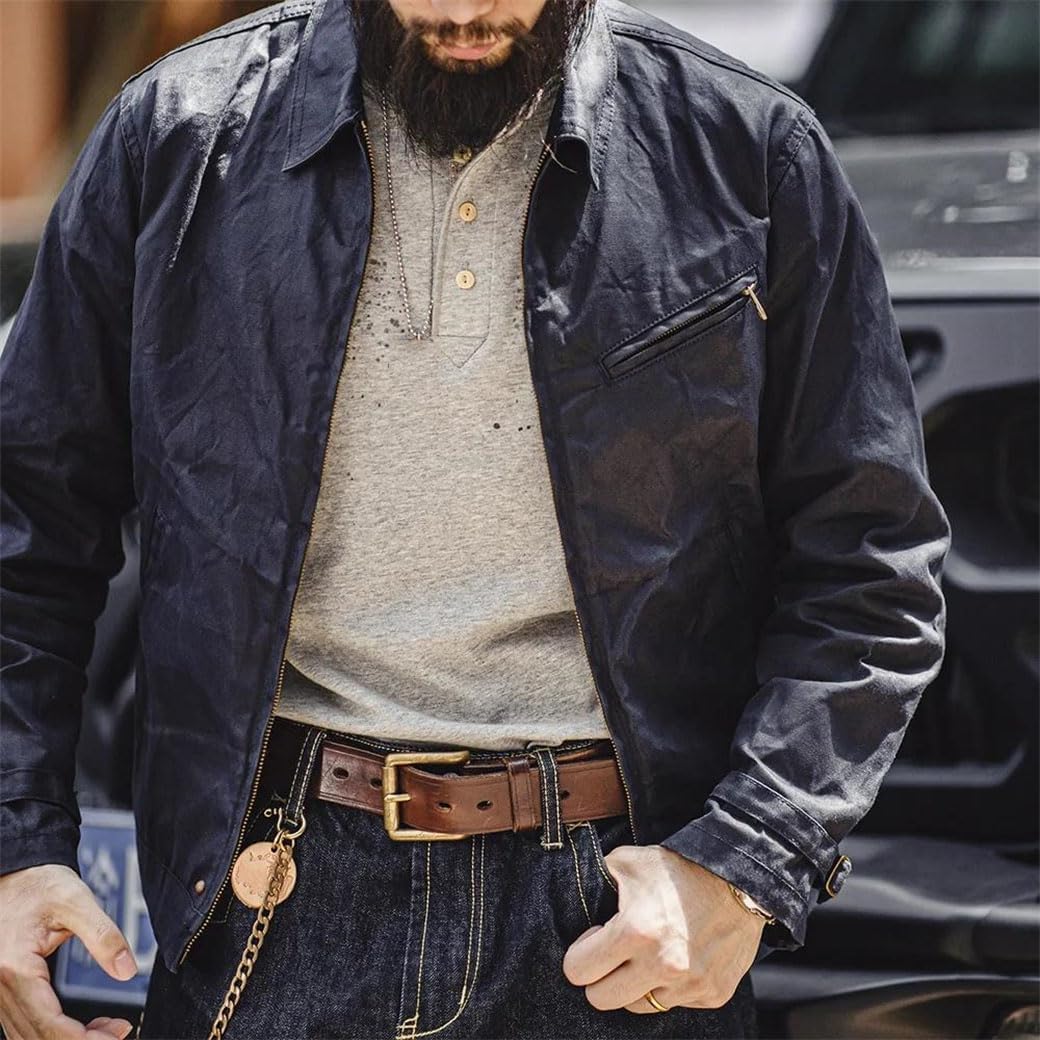 Men's Vintage Oil Waxed Canvas Jacket Lapel Zipper Short Outerwear Classic Slim Fit Coat