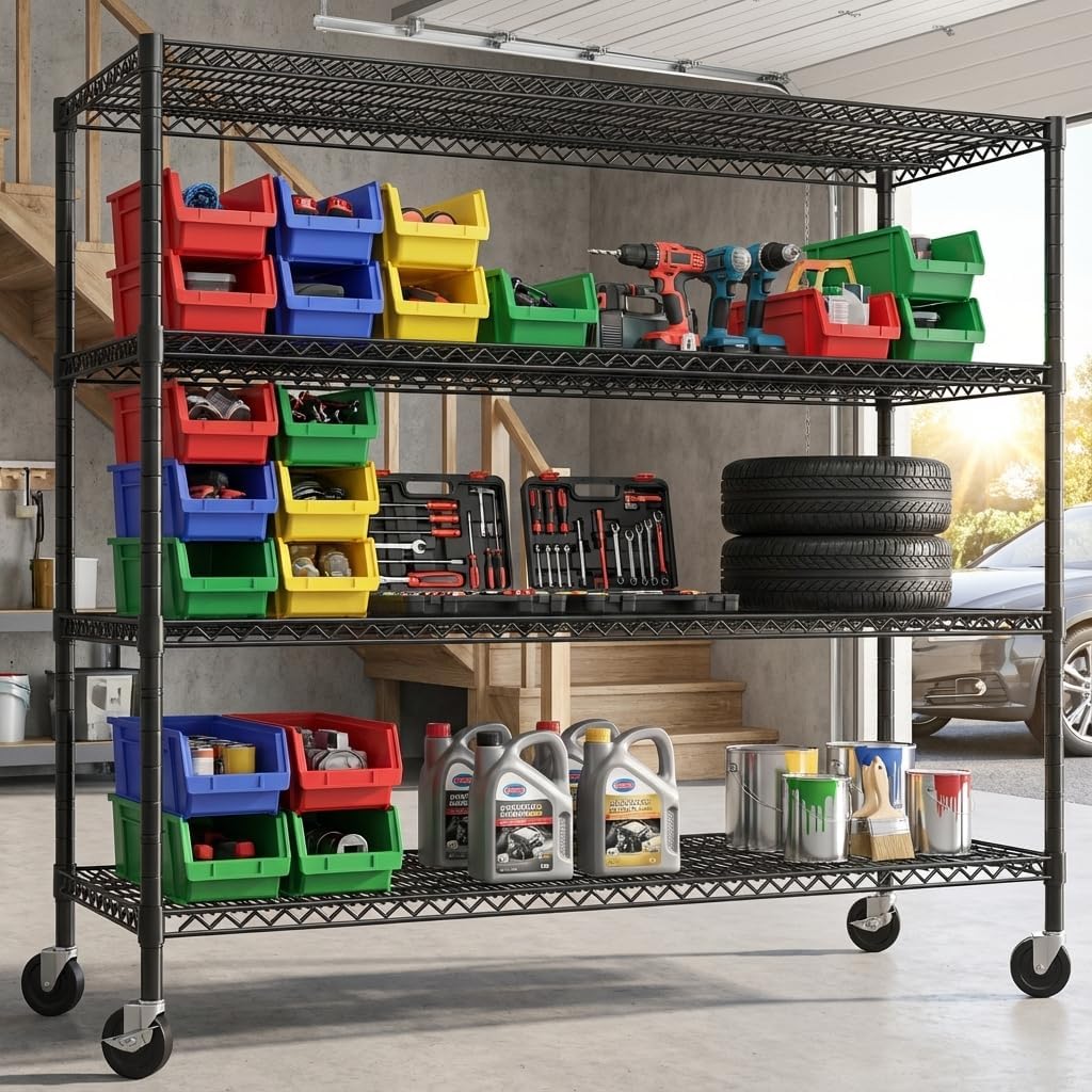 REIBII 60" W Storage Shelves 2878LBS Metal Shelving Unit with Wheels Heavy Duty Garage Shelving Adjustable Wire Shelves for Pantry,Kitchen,Garage,Basement,Business,Warehouse,School,60”W ×24”D×65.3”H - Image 2