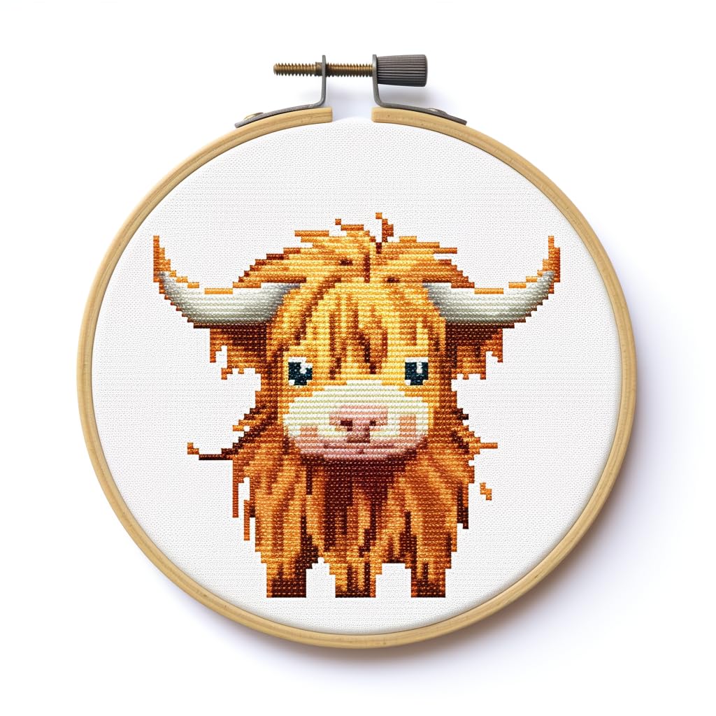 Generic Cartoon Baby Highland Cow Stamped Cross Stitch Kit for Beginners Easy with Hoop 11CT Needlepoint Embroidery DIY Counted Cross Stitch Kit Art Craft Wall Decoration 15x15inch