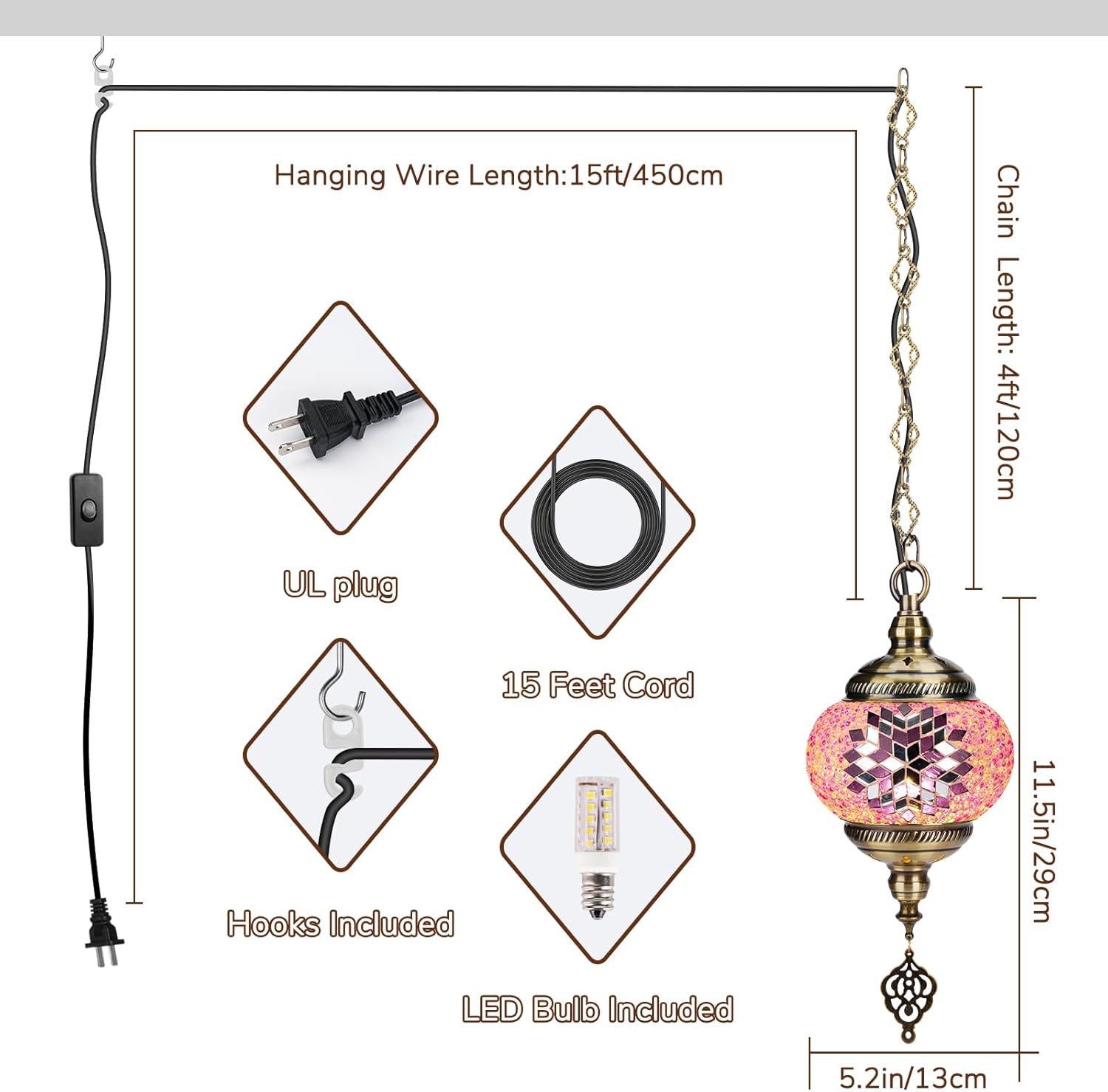 DIY Turkish Mosaic Lamp Kit, 5.2"D Plug-in Stained Glass Pendant Hanging Lamp Making Kit with 15ft Cord-No Skills Needed,Mosaic Art & Craft Project Kits for Adults&Teens, Make Your Own Lamp,Pink