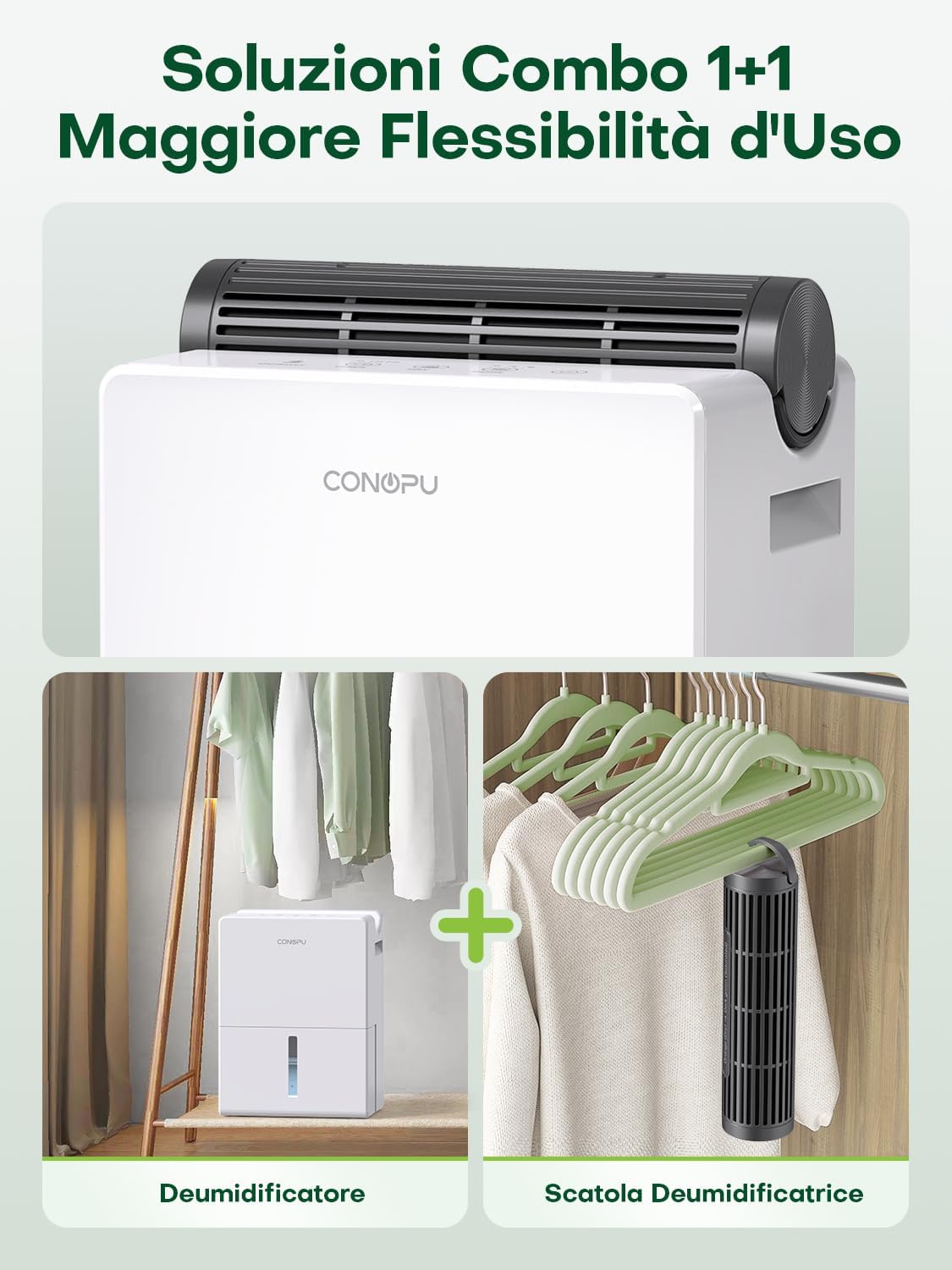 Image showing the CONOPU dehumidifier and a separate reusable dehumidifier box, indicating they are a combo solution.