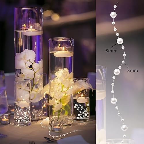 Miniatura 10 de 50 cuerdas de perlas para velas flotantes, perlas de imitación de efecto flotante para relleno de jarrón, decoración de mesa de centro de mesa para