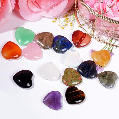 Miniatura 6 de Marrywindix 15 piedras de chakras de 08 pulgadas cristal curativo natural corazón amor palma tallado piedra preciosa pulida a granel equilibrio de