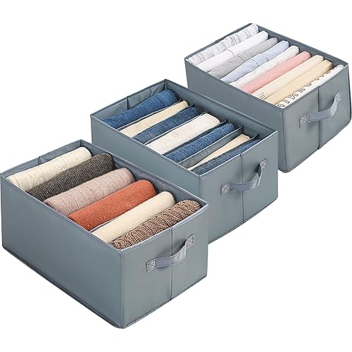 VINGER Wardrobe Clothes Organizer for Jeans, Upgraded Extra Large Drawer Organizers for Clothing with Handle(Upgraded 3 Packs: Jeans+XL Jeans+T-Shirt, Gray-XL&Reinforced)