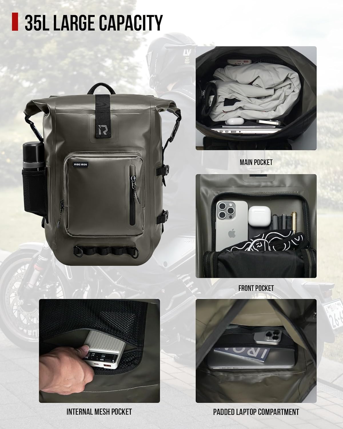 Waterproof Backpack Motorcycle Dry Bag with Roll Top Closure for Kayaking, Travel, Surfing, Boating, Fishing, Camping (Olive 35L) - Image 4