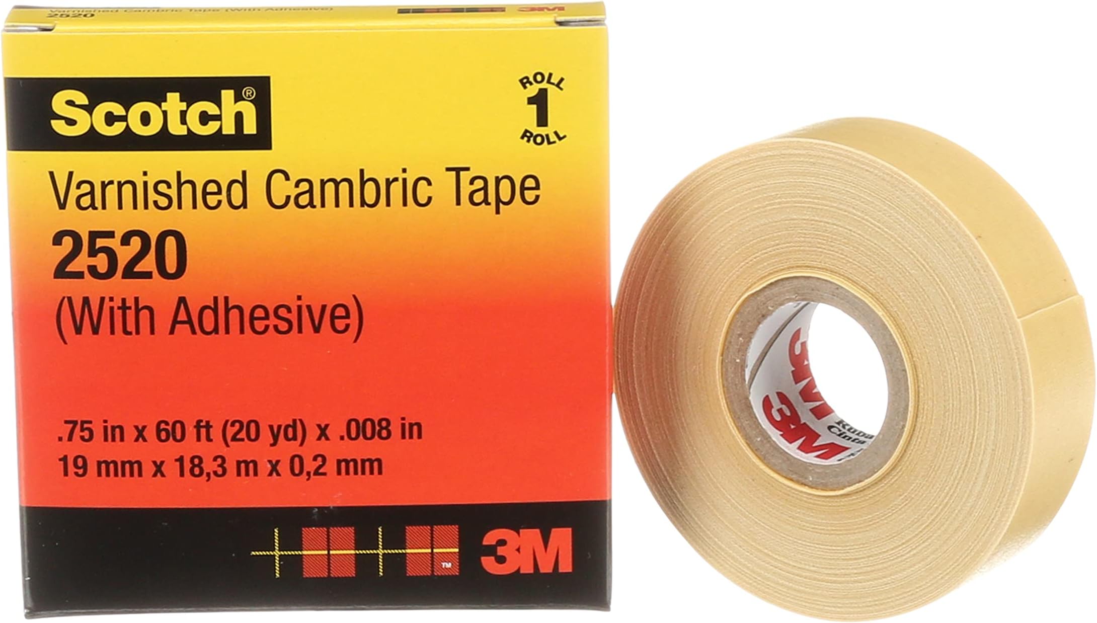Scotch Varnished Cambric Tape 2520, Flexible, Electrically Insulating, Moisture Resistant, Smooth Finish, Yellow Color, 8 mil, 3/4 in x 60 ft, 1 Roll/Carton, 20 Rolls/Case