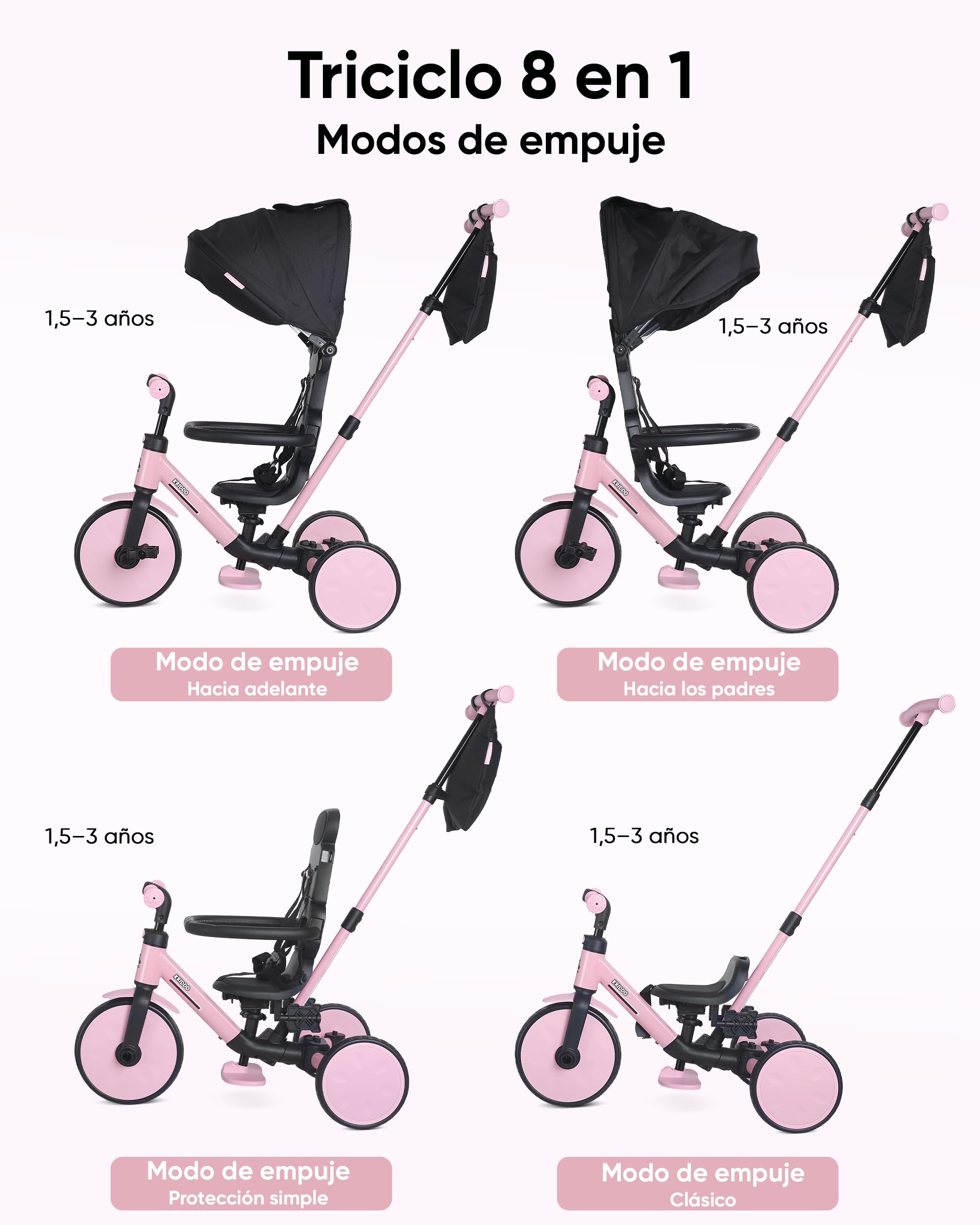 KRIDDO Triciclo Evolutivo 8 en 1 para Niños de 18 Meses a 5 Años, con Barra de Empuje, Triciclo y Bicicleta con o sin Pedales, Arnés de 5 Puntos Mejorado, Capota Plegable y Bolsa, Rosa