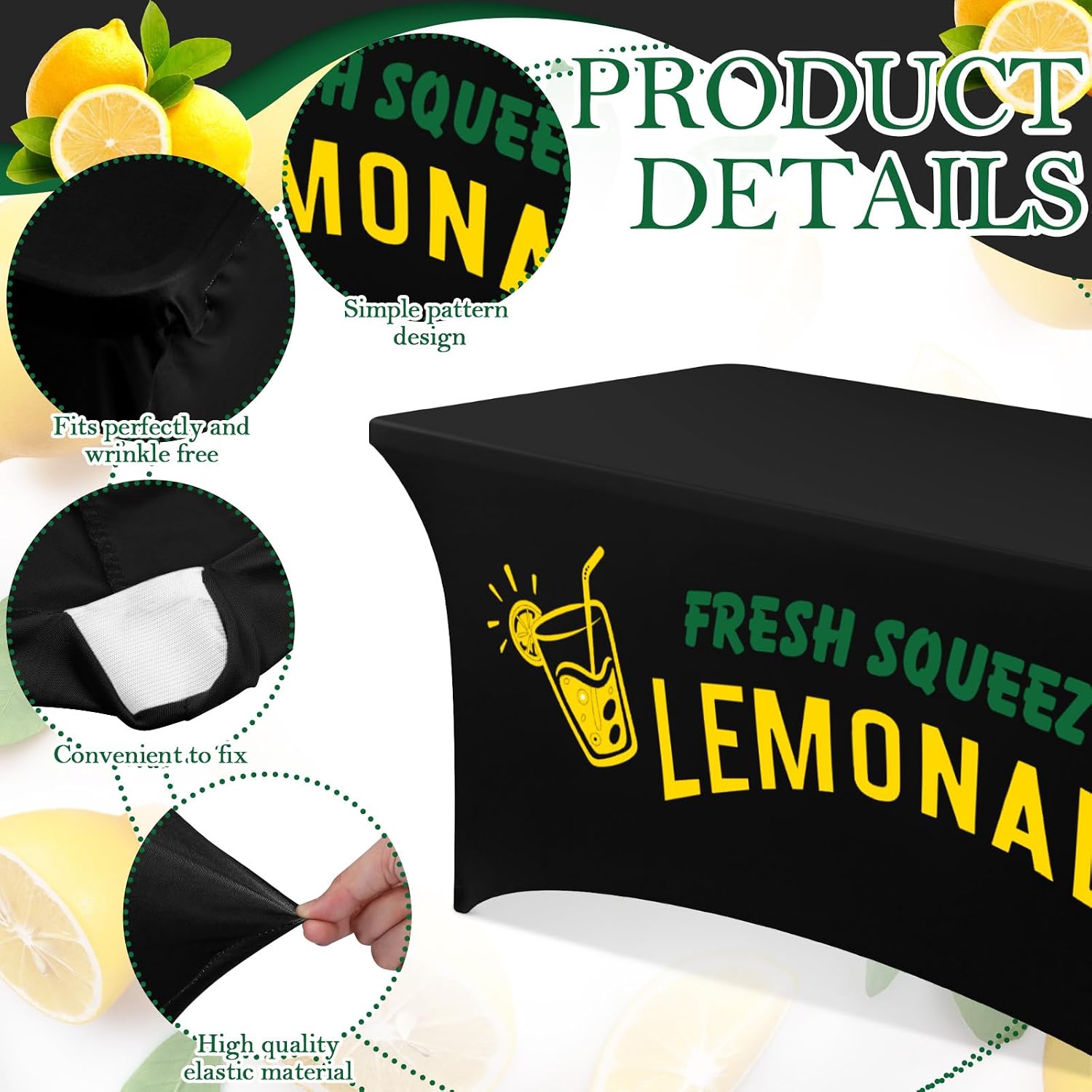 Oudain Lemonade Stand Supplies Tablecloth Stretch Spandex Table Cover Lemonade Vendor Tablecloth for Standard Folding Tables Summer Gathering Beach Picnic Lemon Birthday Party Decor(Black,6ft)
