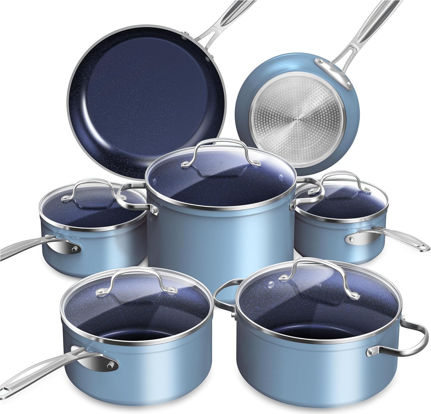 Healthy Duralon Blue Ceramic Nonstick Cookware Set, Diamond Infused Scratch-Resistant, PFAS Free, Dishwasher & Oven Safe, Induction Ready & Evenly Heats, Tempered Glass Lids & Stay-Cool Handles