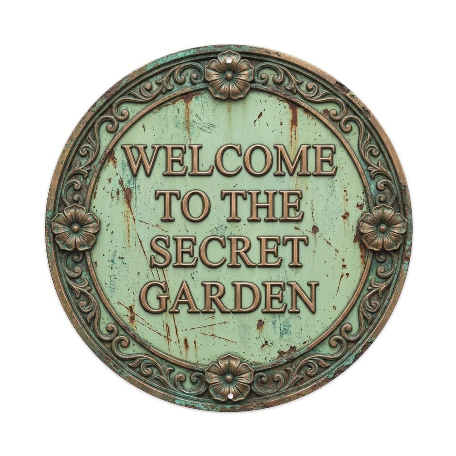 Vintage Welcome Secret Garden Bronze Pistachio Petunia Metal Tin Sign
