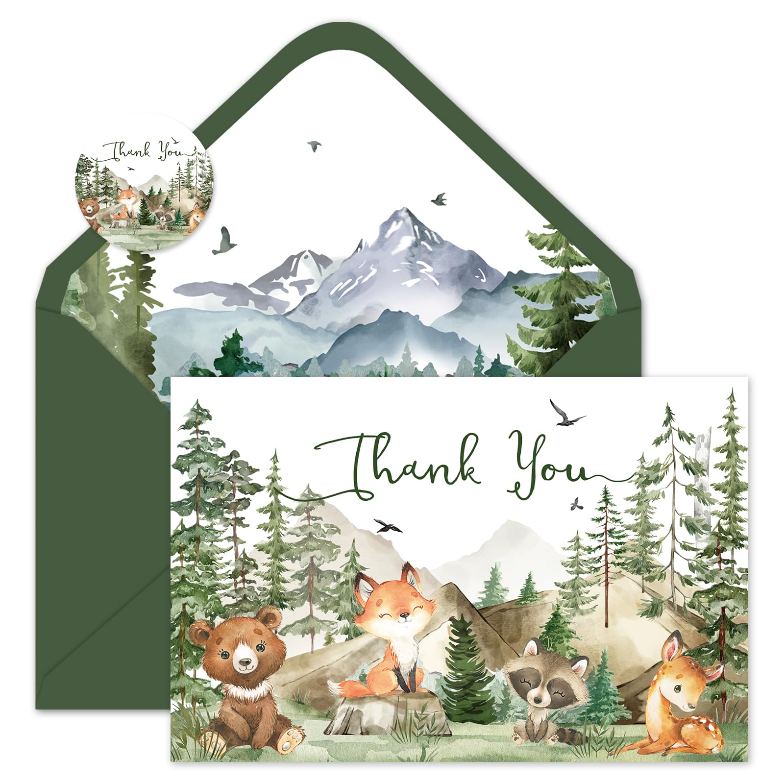 FYSUIMU 50 Pack Woodland Thank You Cards Watercolor Mountain Forest Woodland Animal Greeting Cards with Envelopes Stickers Forest Creature Blank Note