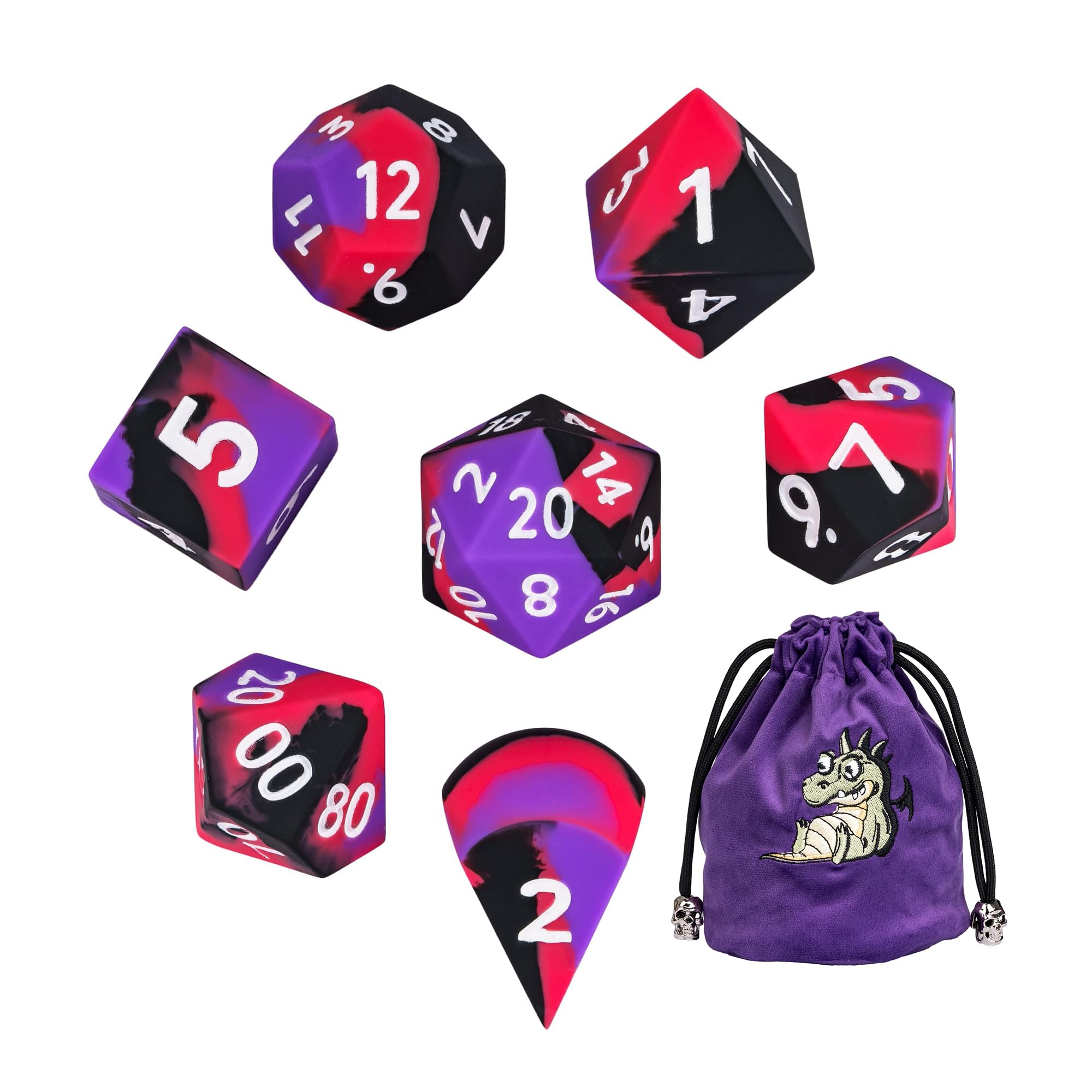 Set di 7 dadi jumbo in silicone per DND, 25 mm, con bordi rotondi, morbidi e perfetti, per giochi di ruolo di D&D, bar, pub, club, aule, feste (viola, nero, rosso)
