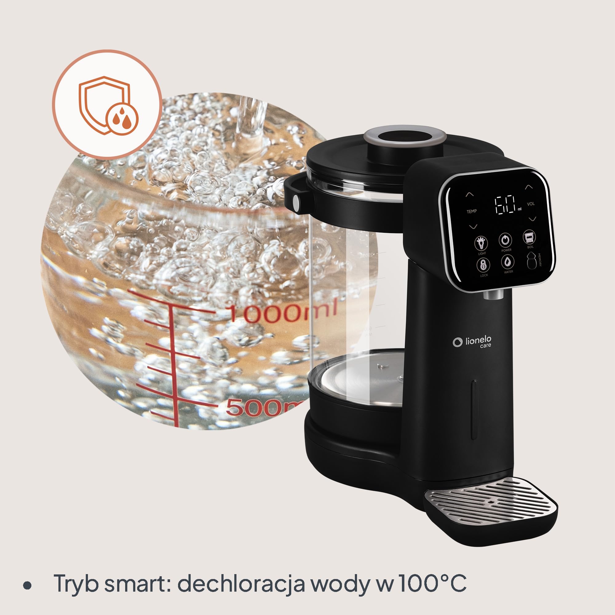 Lionelo Babypresto 2.0 urządzenie do przygotowywania butelek dla niemowląt i ogrzewacz do butelek dla niemowląt o temperaturze 40-100°C, higiena UV, dechlorowanie, dozowanie 30-300 ml, szklany