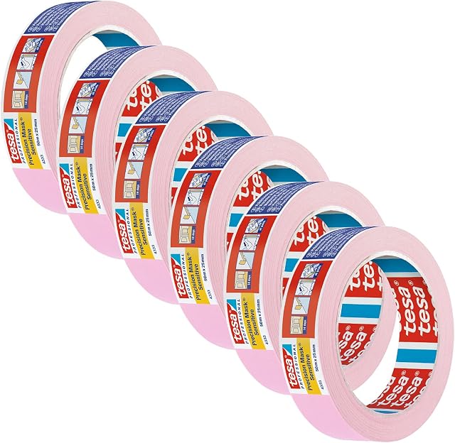 tesa 4333-00018-01 Precision Sensitive, Razor Sharp Edge and Low Tack Masking Tape for Indoor Painting and Decorating, Residue Free Removal, 50 m x 25 mm, 6 rolls