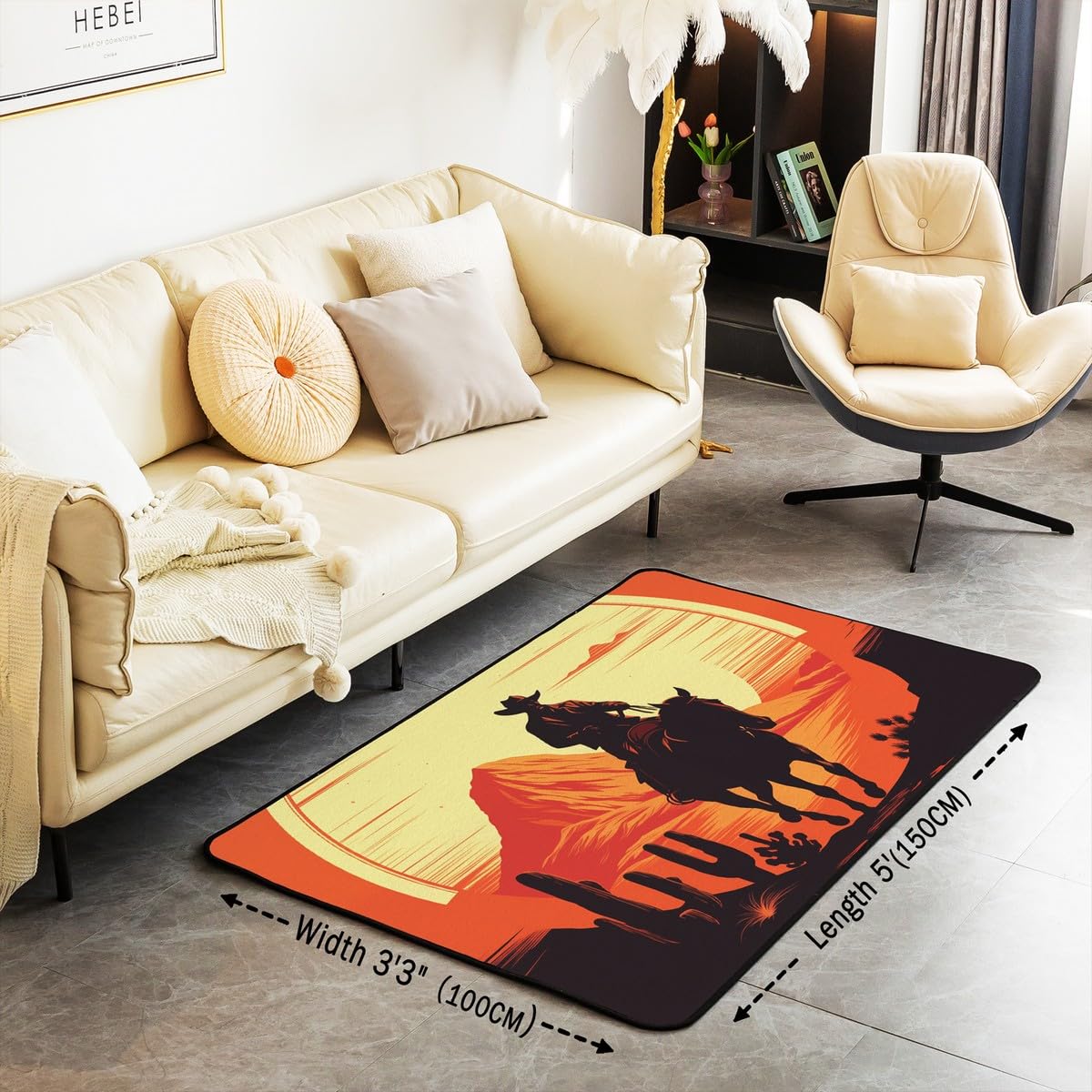Homemissing Western Decor Area Rug 150 * 200cm for Boys Girls Wild West Cowboy Decorative Rug Rodeo Cowboy Style Living Room Rugs Non-slip Room Decor Grunge Design Indoor Floor Mat Red Yellow - Image 3