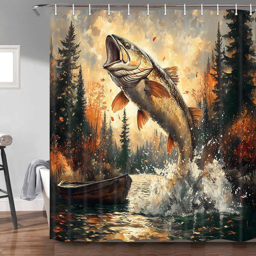 Rustic Cabin Shower Curtain, Farmhouse Country Lodge Fish Lake Fishing Decor Bath Curtains, Funny RV Hunting Camp Forest Nature Art Fabric Bath