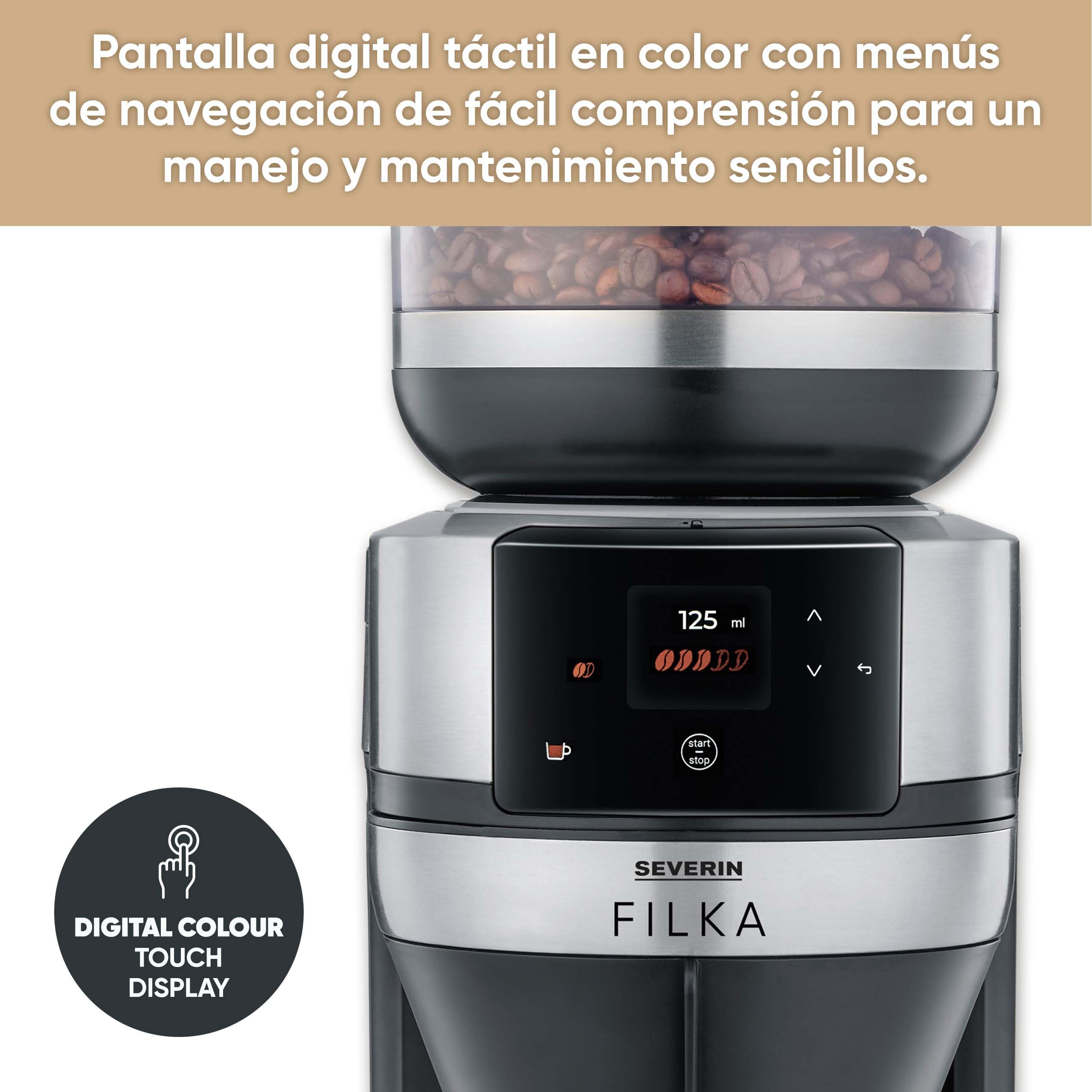 Severin - Cafetera de filtro con molinillo totalmente automática con jarra de cristal 2 L. FILKA KA Acero Inox/Negro 1.520 W KA 4852