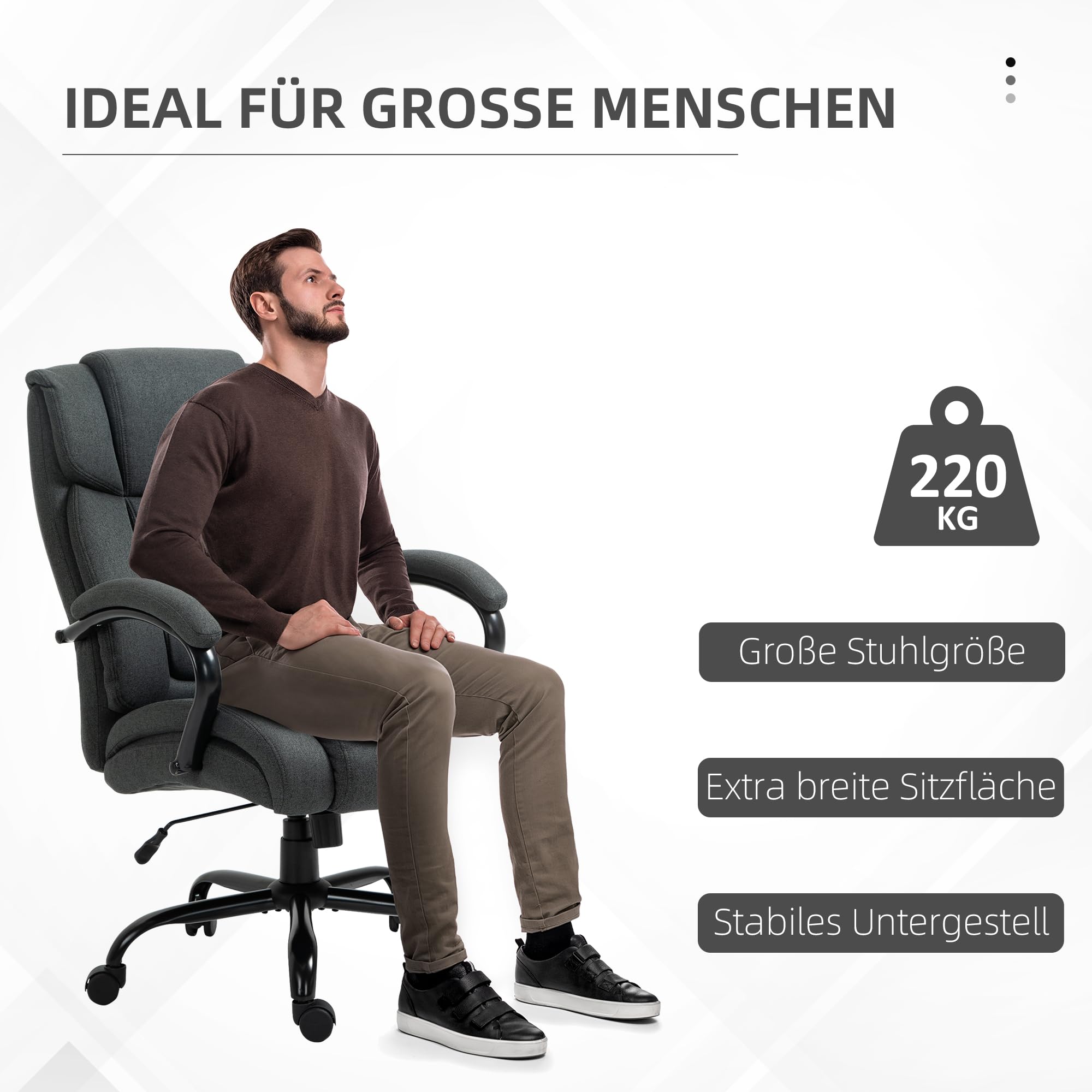 Vinsetto Bürostuhl, Ergonomischer Chefsessel bis 220 kg belastbar, Gepolsterter Schreibtischstuhl mit Armlehne, breit Sitz, Höhenverstellbarer Drehstuhl mit Wippfunktion, Leinenoptik, Dunkelgrau