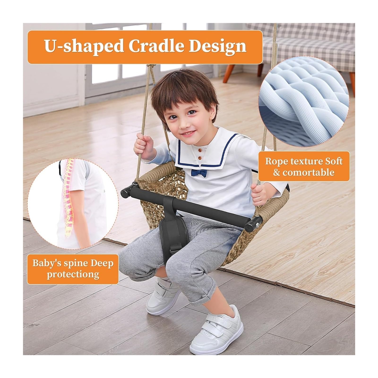 Swing Seat For Kids,Little Swing Set,Hand-Knitting Toddler Swing With Adjustable Ropes - Image 2
