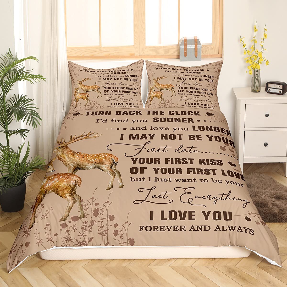 Homewish Boys Multi 40 Deer Comforter Cover Set Quotes Couples Wifey And Hubby,Mr And Mrs Duvet Cover King Size Personalized Wife Gift Bedding Set From Husband For Wedding Anniversary,Birthday