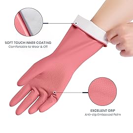 Rubber Cleaning Gloves for Dishwashing, 4 Pairs Reusable Kitchen Gloves for Washing Dishes and Household Cleaning, Pink Dish Gloves with Flocked Lining and Non-Slip Grip, Pefect for Woman Men - L