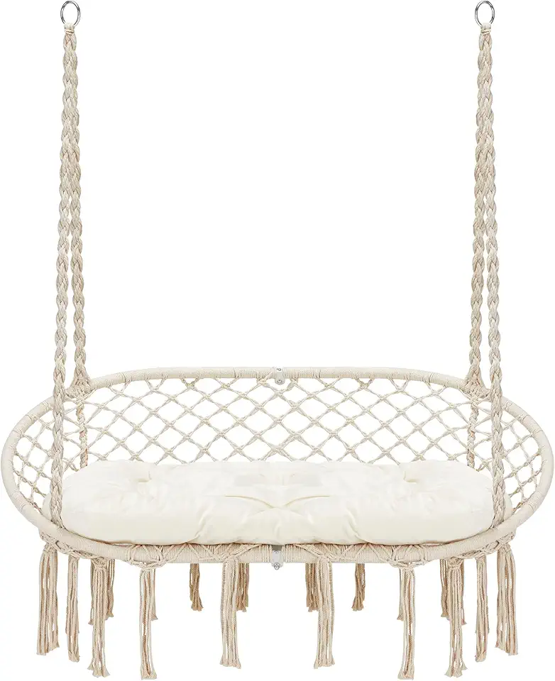 Hamacs design & mobilier jardin tendance 2026 : 50 idées Pinterest Homgava Chaise hamac suspendue en macramé avec coussin, cordes en coton suspendues, cadre