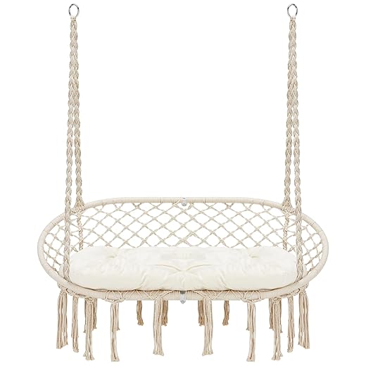 Homgava Hammock Chair Macrame Hanging Swing with Cushion,Hanging Cotton Ropes, Metal Frame, 450 lbs Capacity Indoor Outdoor, Patio, Balcony, Living,Deck, Yard, Garden(Double Swing)