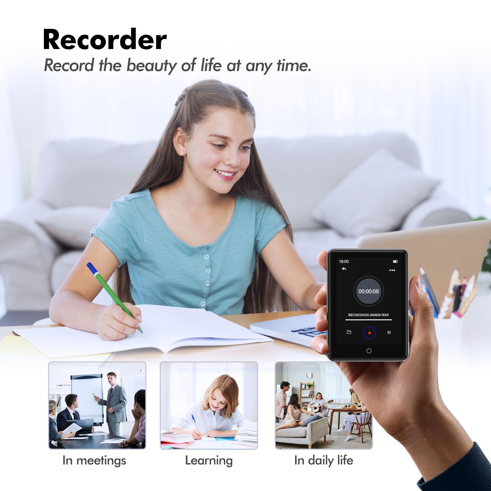 64GB MP3 Player Bluetooth 5.3, tragbarer Touchscreen Music mp3-Player für Kinder mit Lautsprecher, Sprachaufzeichnung, FM Radio, Schrittzähler, Zufallswiedergabe, 128GB Micro SD-Kartenunterstützung