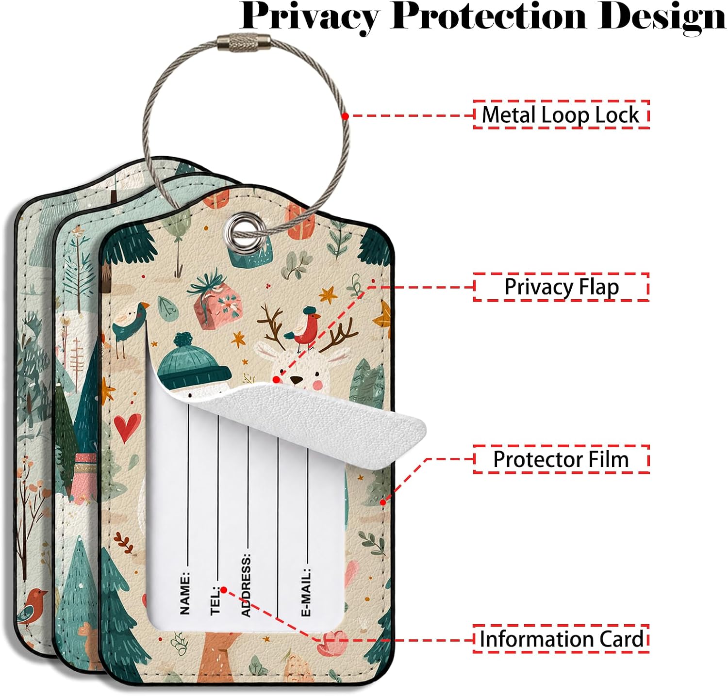 Christmas Deer Snowman Luggage Tag 3 Pack Travel Cruise Luggage Tags for Suitcases, Identifiers Bag Tags with Privacy Flap, Baggage Name Tag for Women Men Luggage Backpack Handbag School Bag image 2