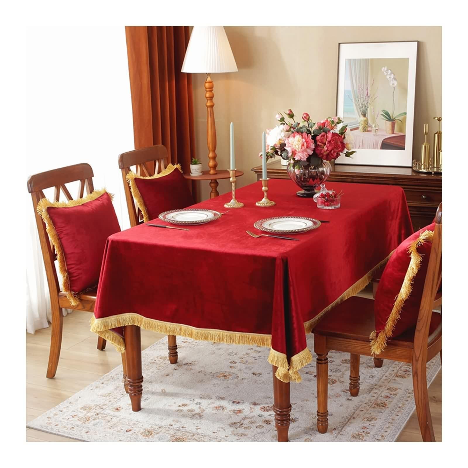 Tischdecke Rot Polyester, Tischdecke Klein Samt mit Quaste Tischtuch 140X160CM für Küche Wohnzimmer Esszimmer
