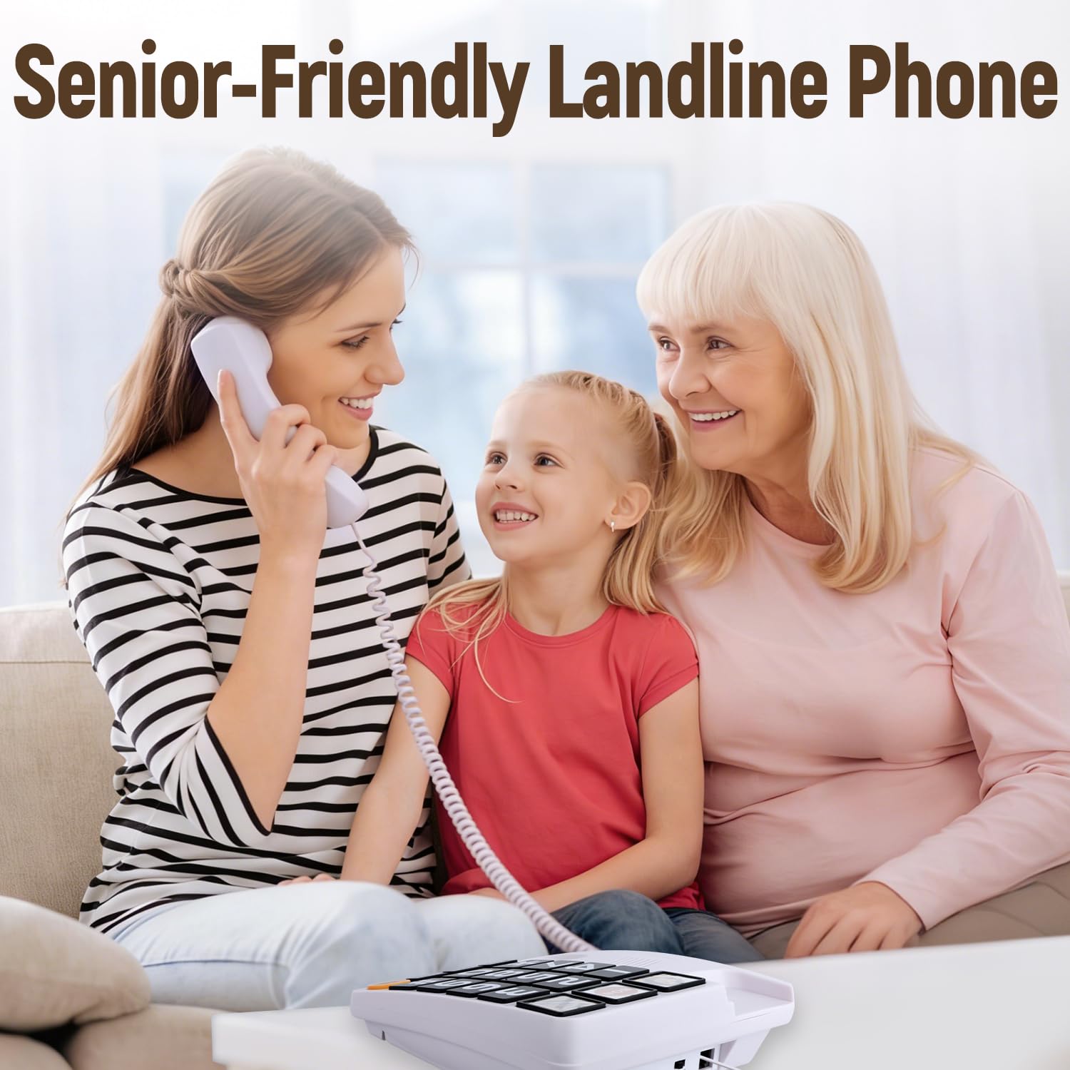 Telefono con pulsante grande per anziani, telefoni fissi con filo per anziani con 2 pulsanti di composizione one-touch, telefono fisso con pulsante di emergenza SOS/suoneria forte - bianco