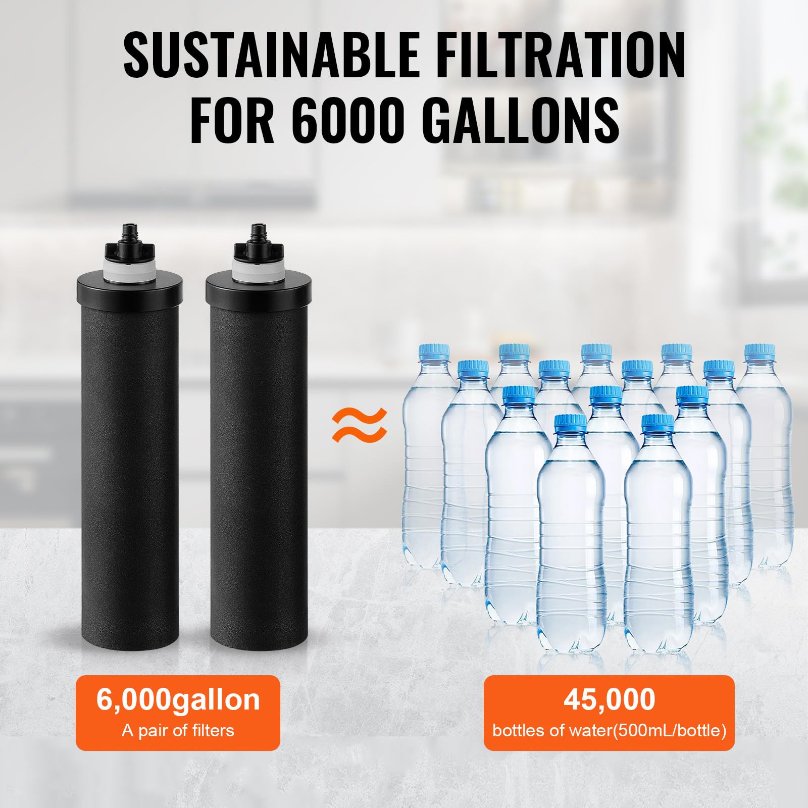 VEVOR Filtres à Eau de Rechange Lot de 2, Purificateur d’Eau Compatible avec la Plupart des Marques, Filtre à Charbon Actif pour Système de Filtration d'Eau par Gravité, Facile à Remplacer, Noir