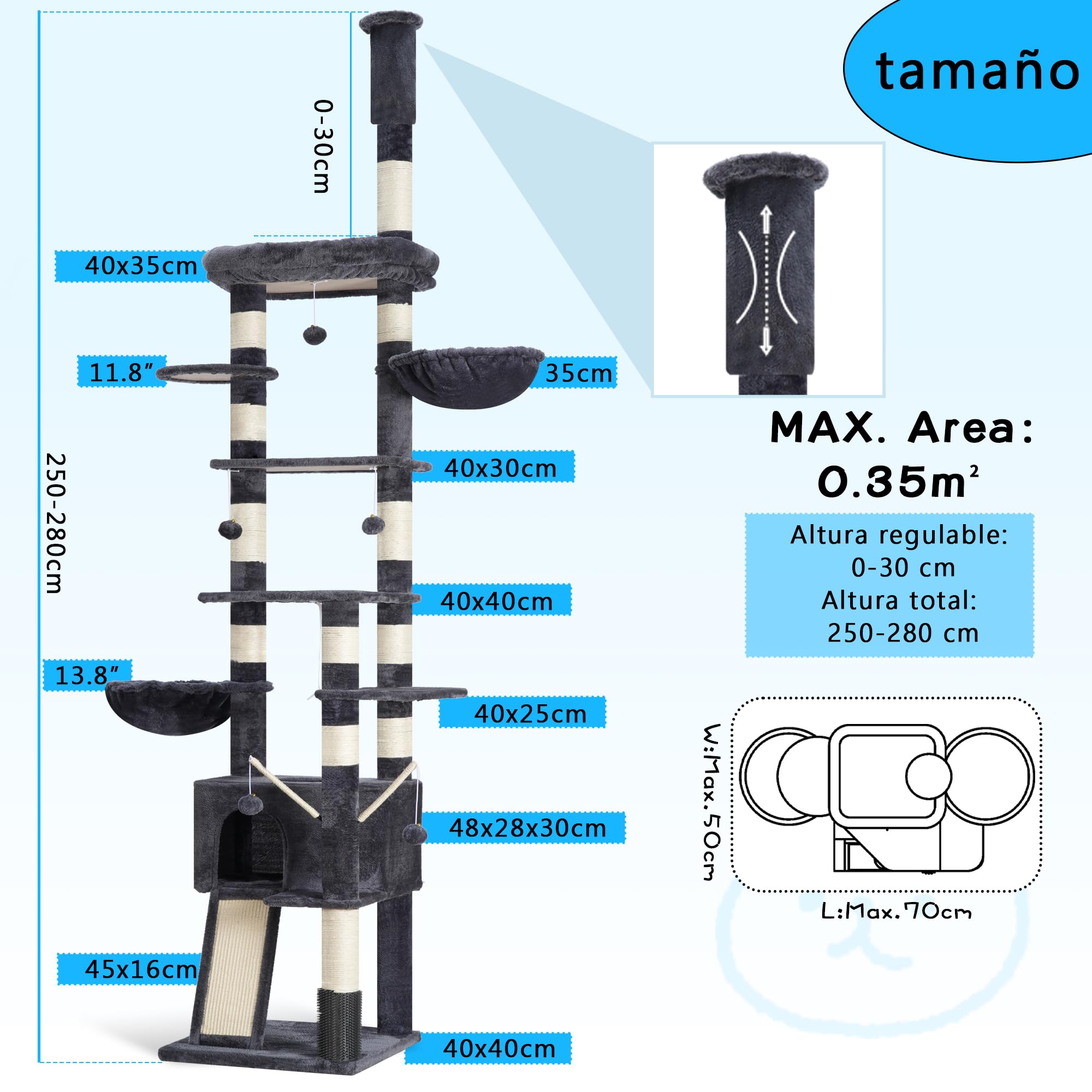 Hey-brother Rascador para Gatos XXL, Altura Ajustable, 250 cm - 280 cm, hasta el Techo, Torre para Gatos Grandes, con Cueva, Color Gris Ahumado 0MPJ091G